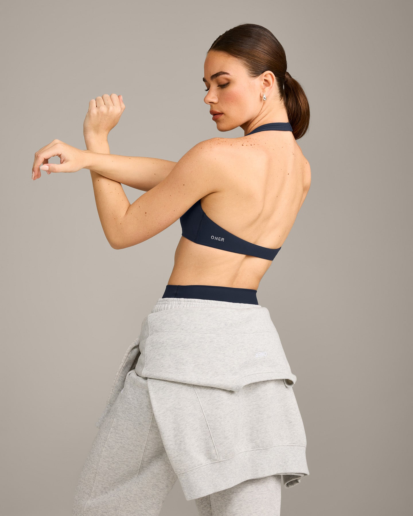 Alternative view of SoftMotion Minimal Halter Neck Bralette with Grey Logo | True Blue