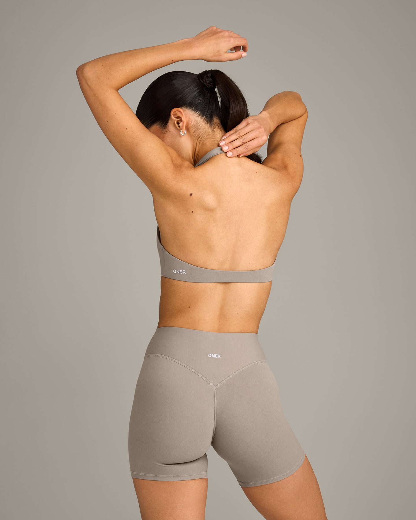 SoftMotion Minimal Halter Neck Bralette with White Logo | Warm Sand - Image 5