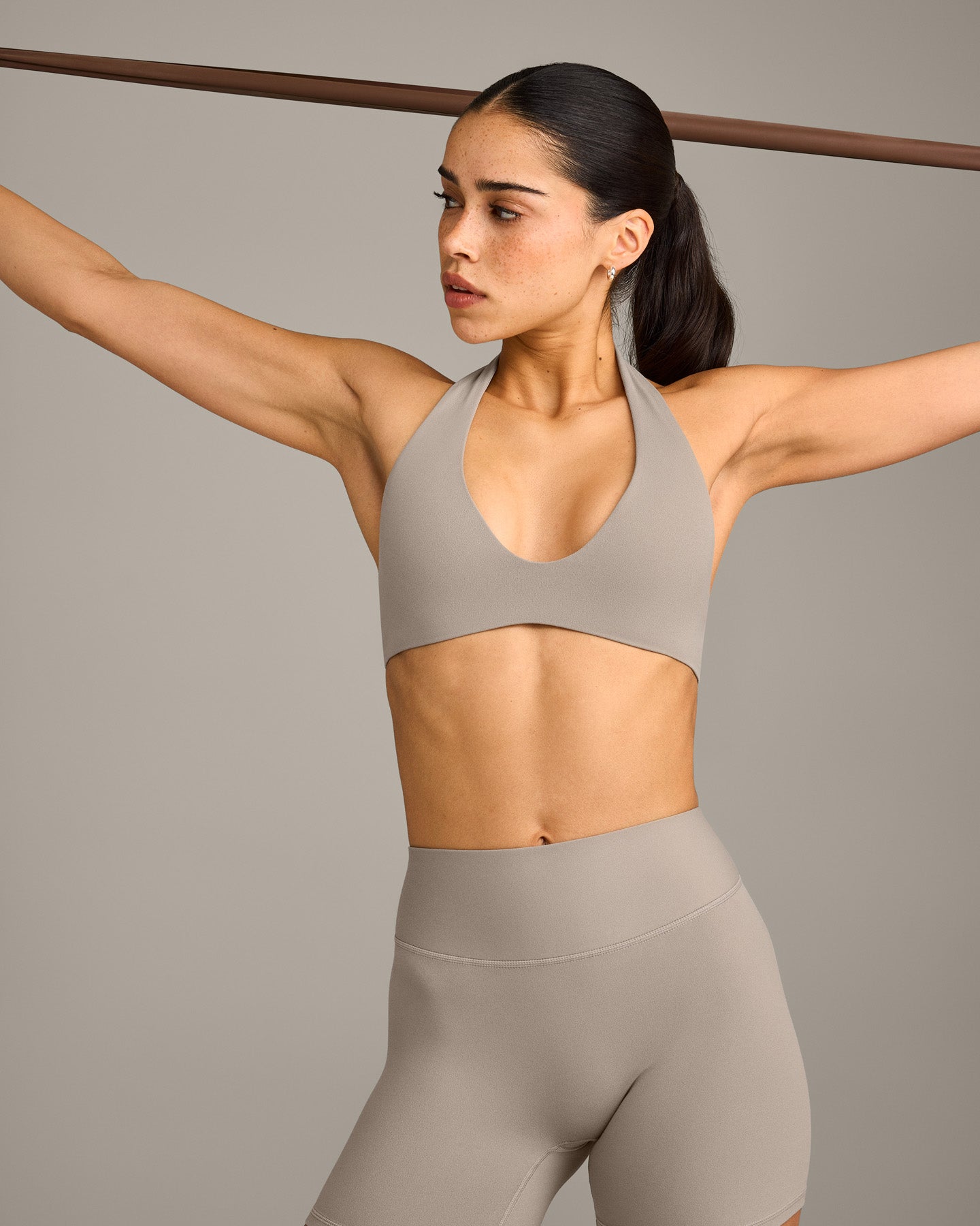 SoftMotion Minimal Halter Neck Bralette with White Logo | Warm Sand - Image 4