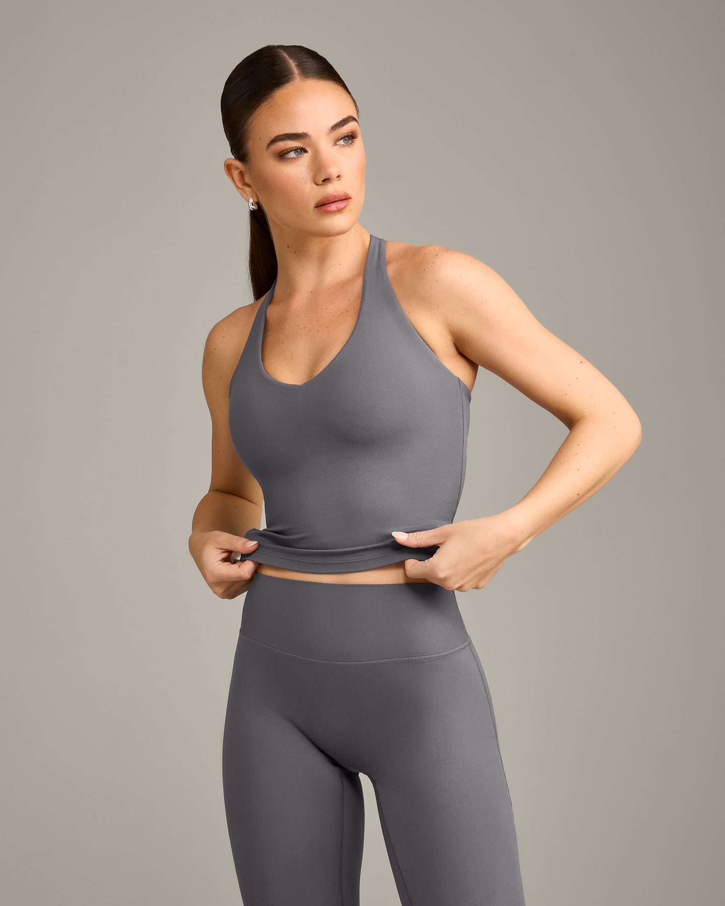 SoftMotion Racer Back Mid Vest with Built in Bra Shelf with Grey Logo | Ash Grey