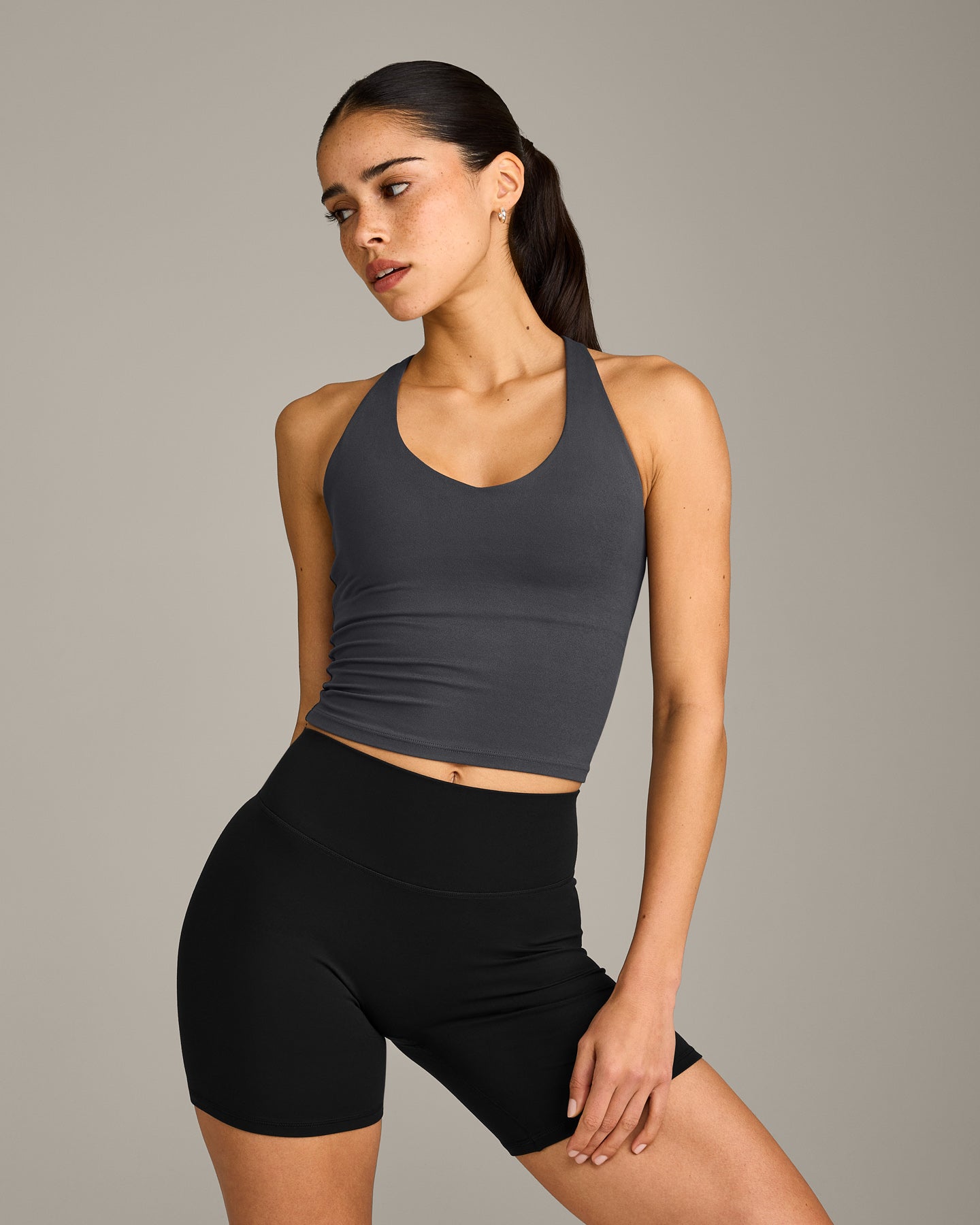 SoftMotion Racer Back Mid Vest with Built in Bra Shelf with Grey Logo | Coal