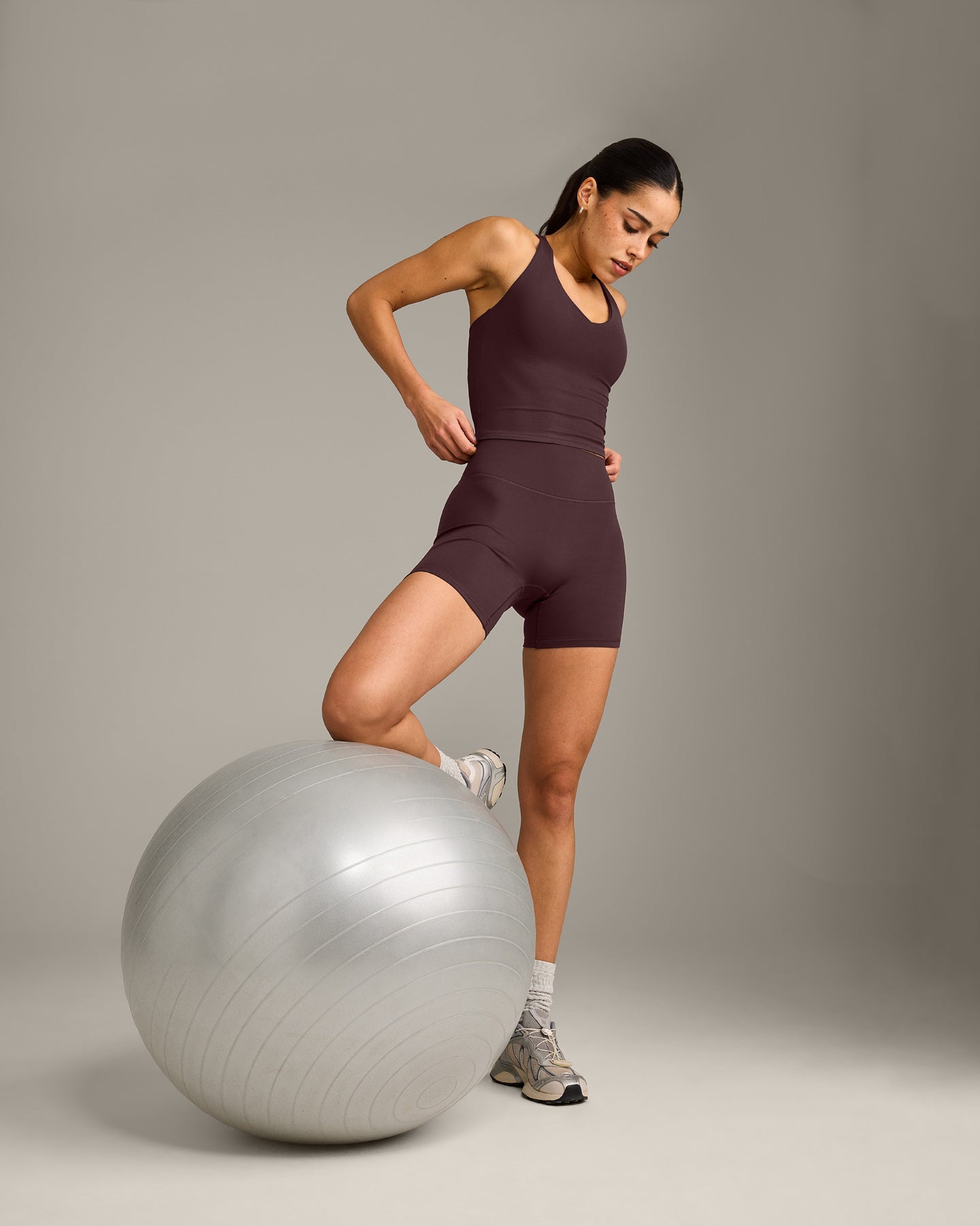 SoftMotion Racer Back Mid Vest with Built in Bra Shelf with Grey Logo | Plum Brown - Image 3