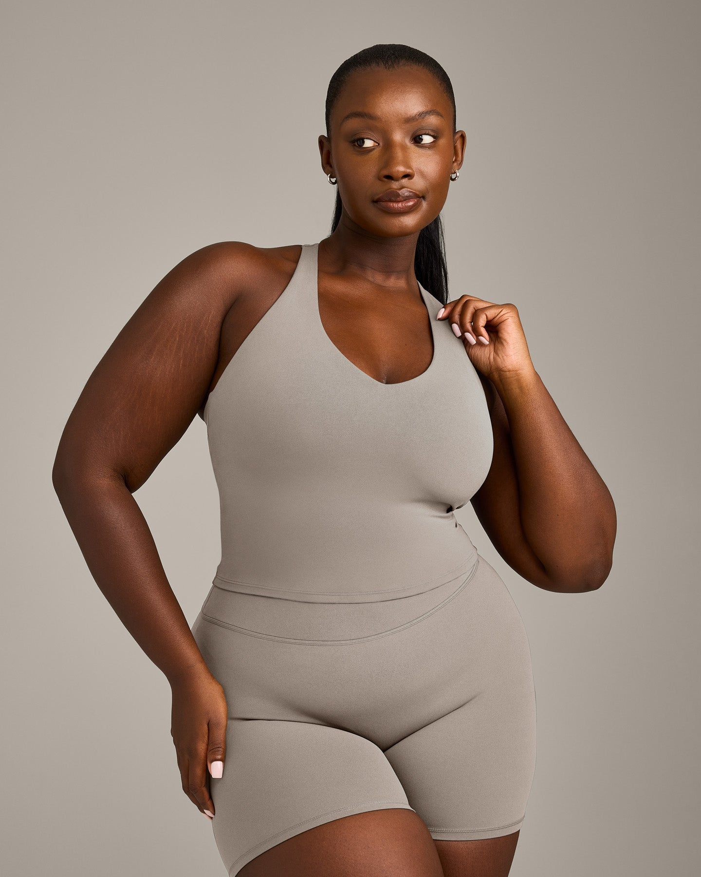 SoftMotion Racer Back Mid Vest with Built in Bra Shelf with White Logo | Warm Sand