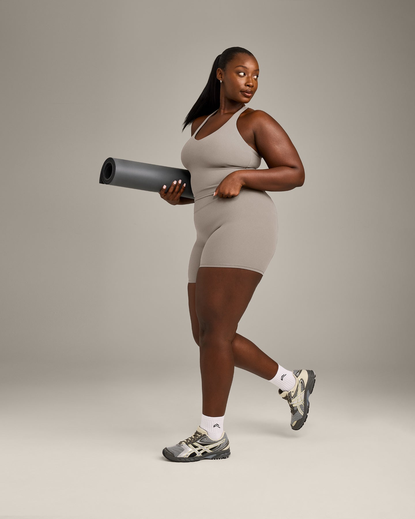 Alternative view of SoftMotion Racer Back Mid Vest with Built in Bra Shelf with White Logo | Warm Sand