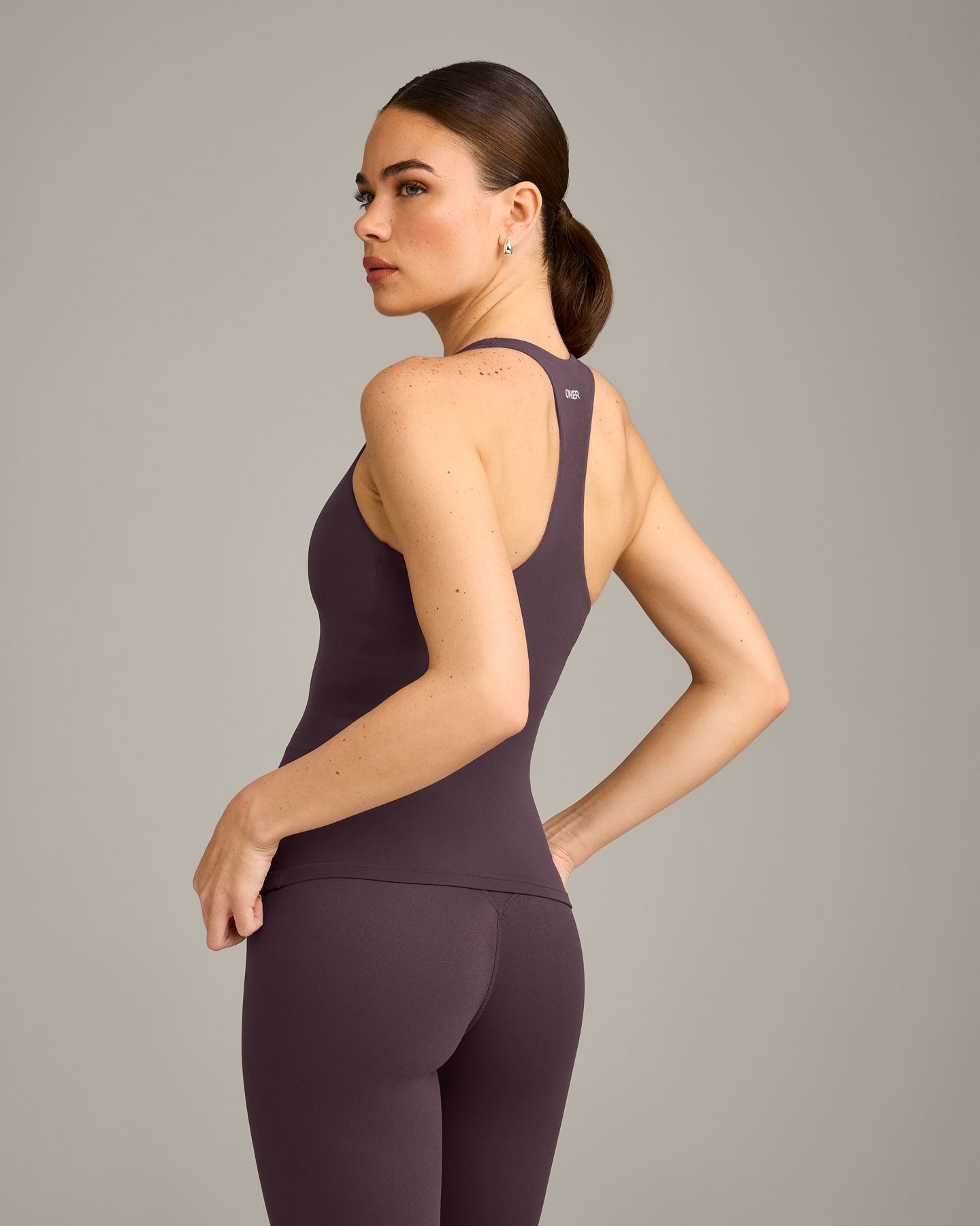 Alternative view of SoftMotion Racer Back Vest with Built in Bra Shelf with Grey Logo | Dark Umber Brown