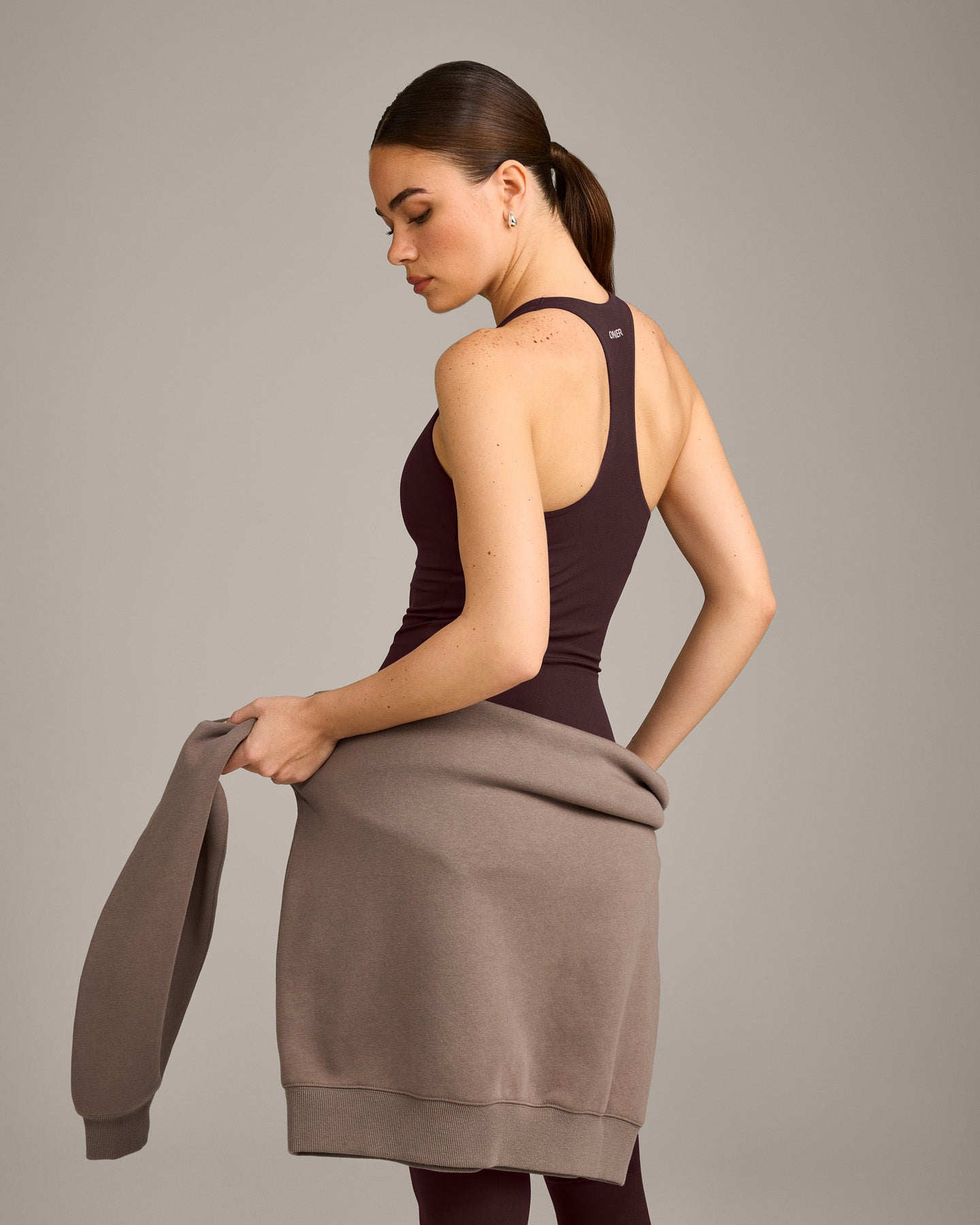 Alternative view of SoftMotion Racer Back Vest with Built in Bra Shelf with Grey Logo | Plum Brown