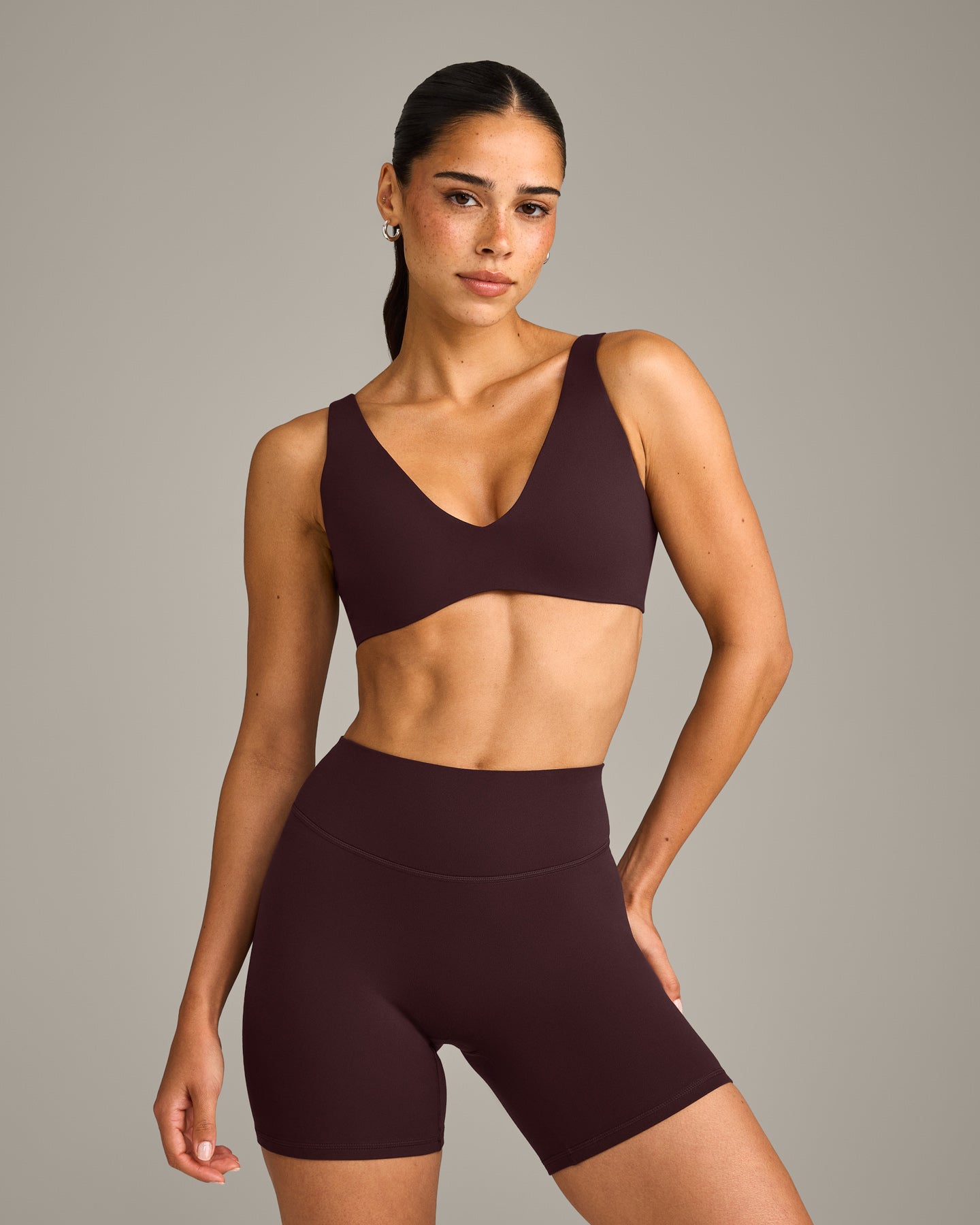 SoftMotion Scoop Back Bralette with Grey Logo | Plum Brown