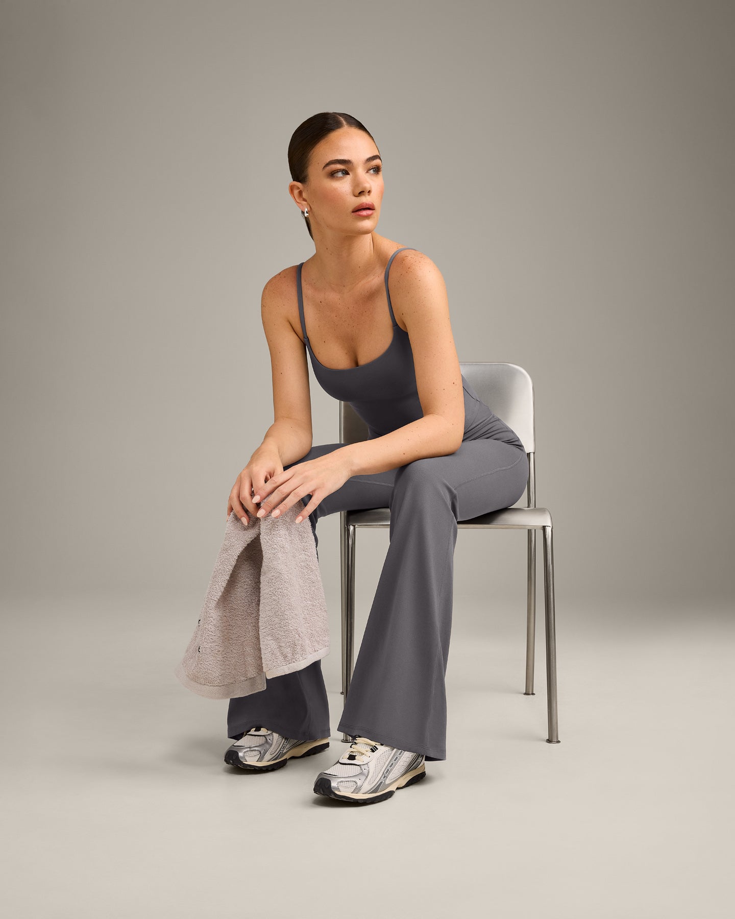 Alternative view of SoftMotion Strappy Mid Vest with Built in Bra Shelf with Grey Logo | Ash Grey