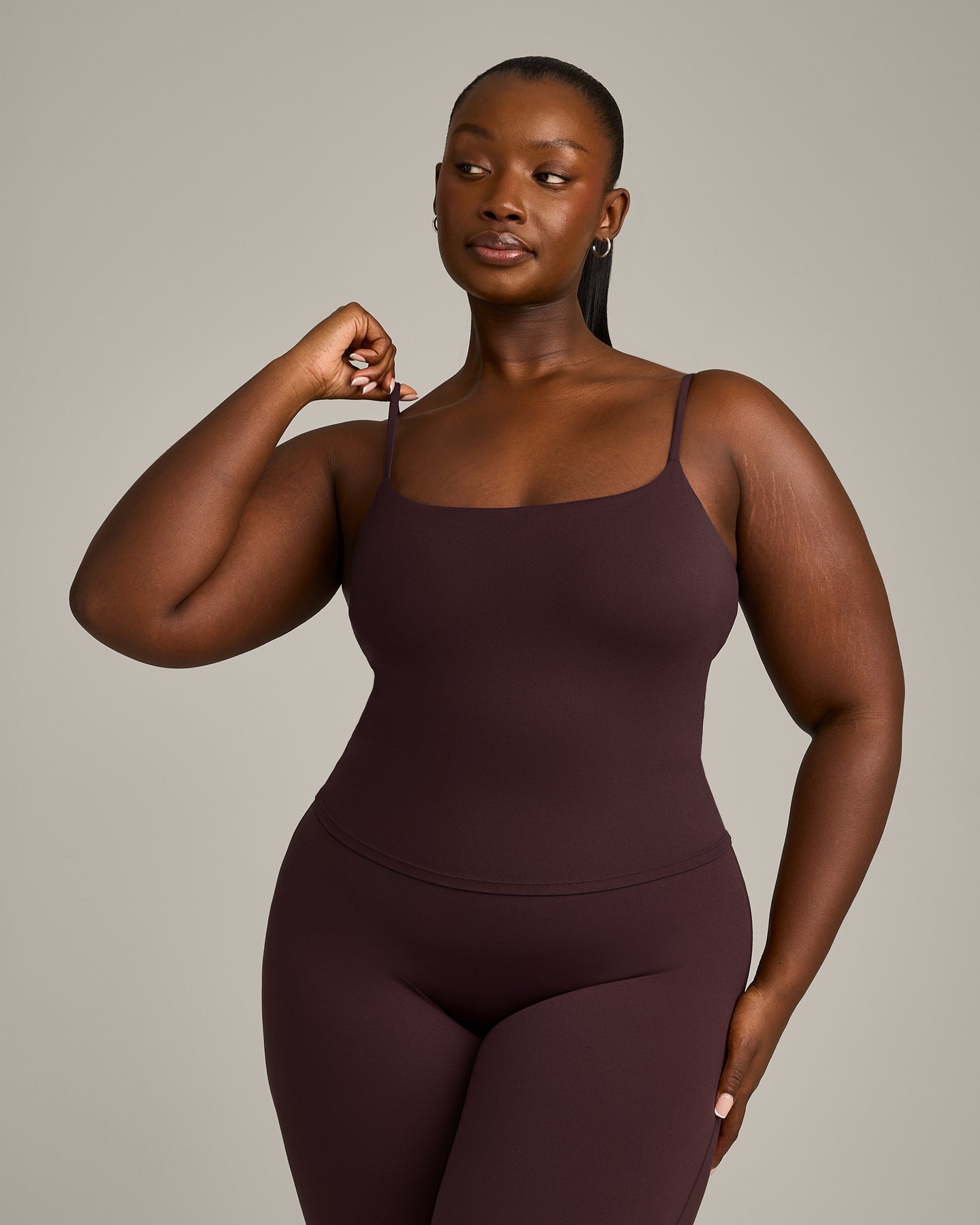 SoftMotion Strappy Mid Vest with Built in Bra Shelf with Grey Logo | Plum Brown