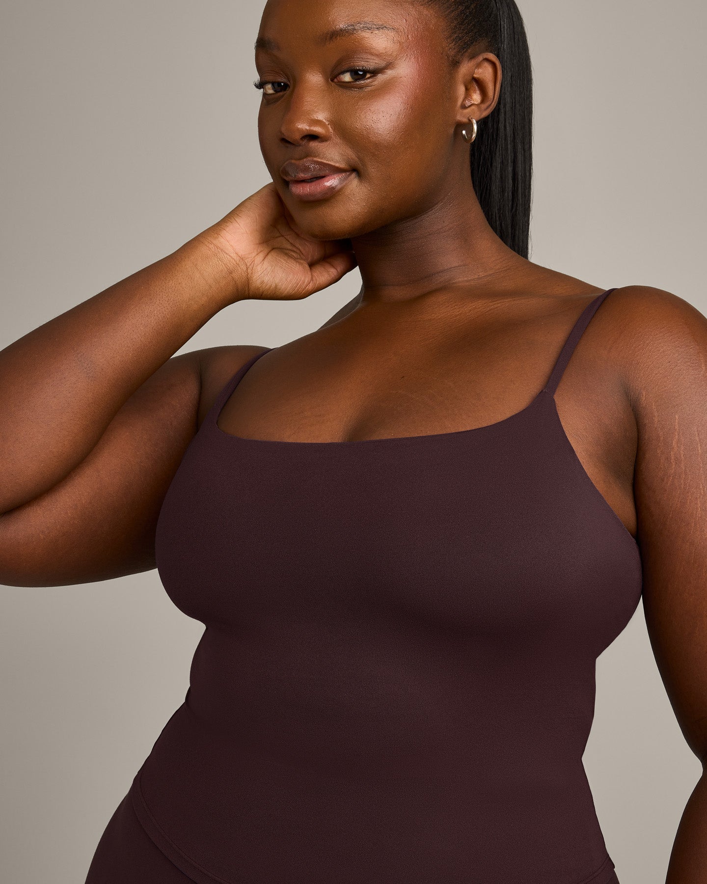 Alternative view of SoftMotion Strappy Mid Vest with Built in Bra Shelf with Grey Logo | Plum Brown