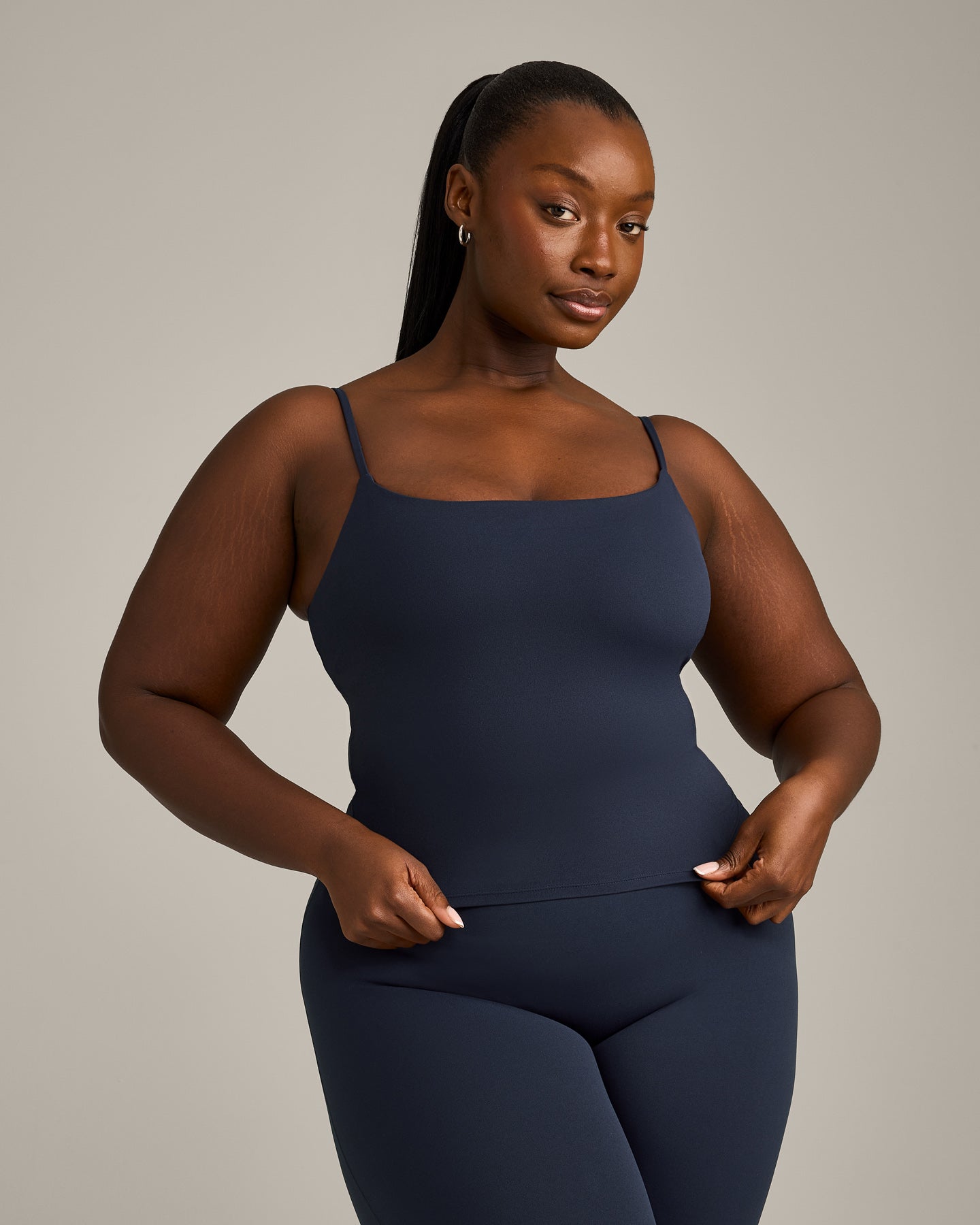 SoftMotion Strappy Mid Vest with Built in Bra Shelf with Grey Logo | True Blue