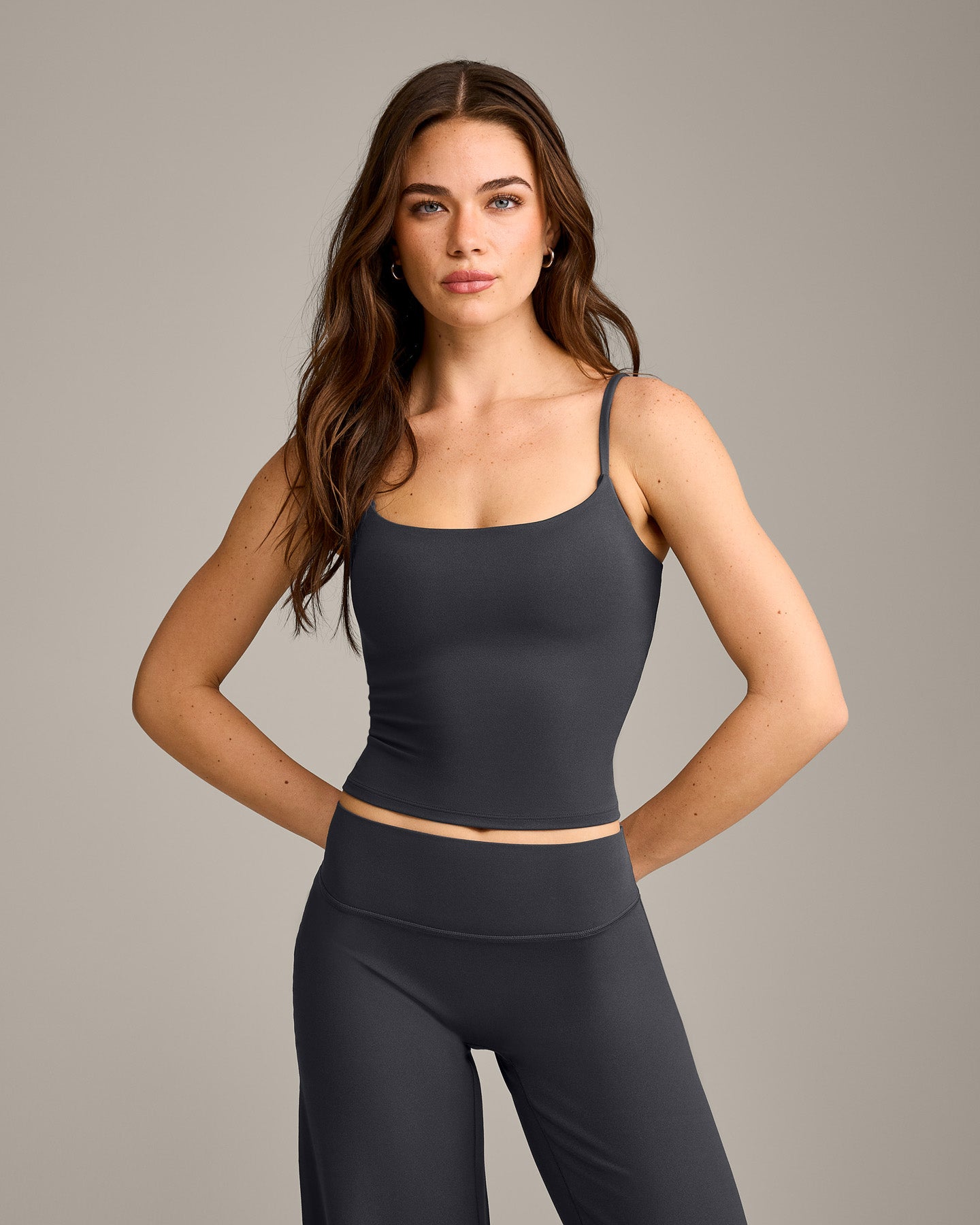 SoftMotion Strappy Mid Vest with Built in Bra Shelf with Grey Logo | Coal