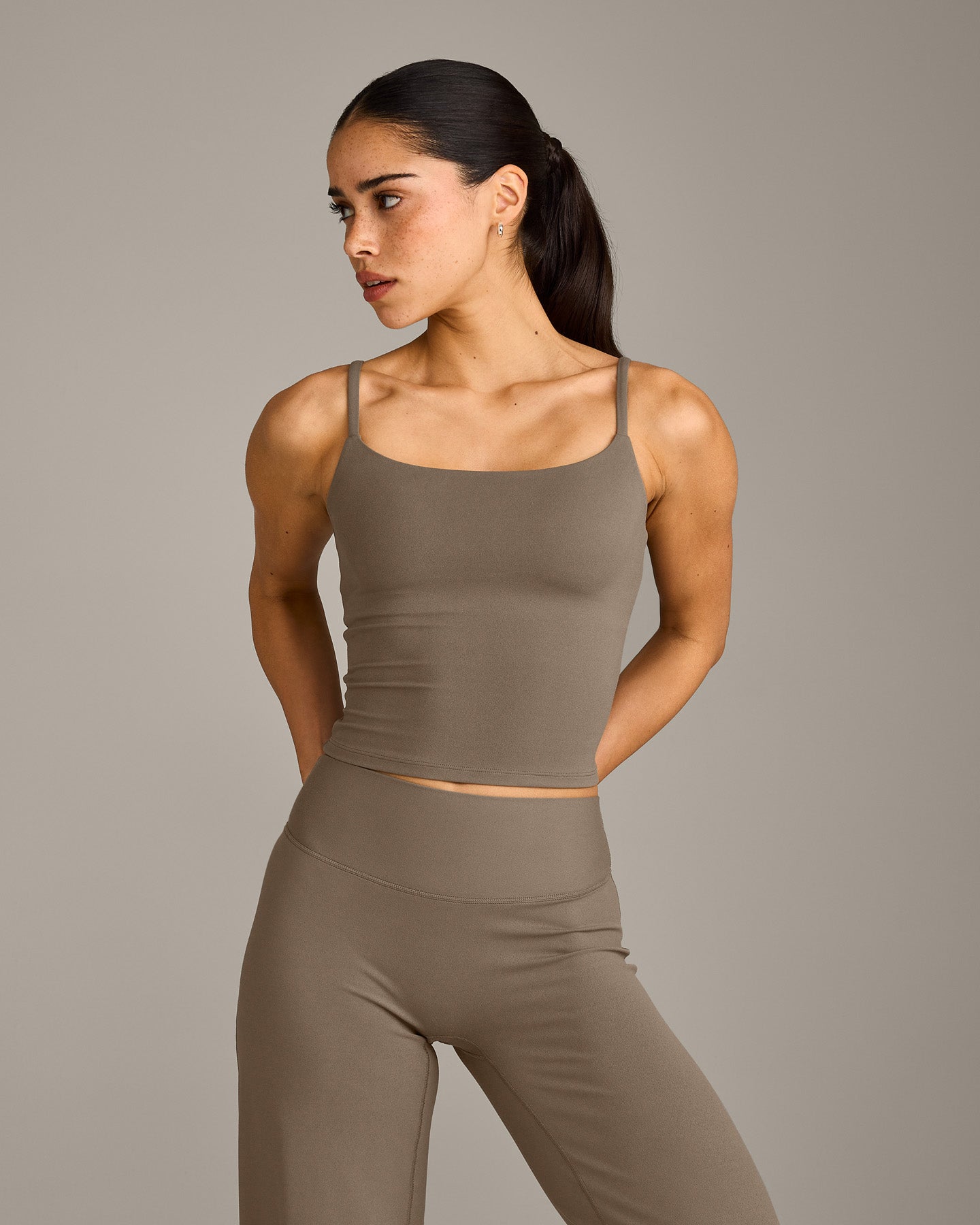 SoftMotion Strappy Mid Vest with Built in Bra Shelf with Grey Logo | Moss Brown
