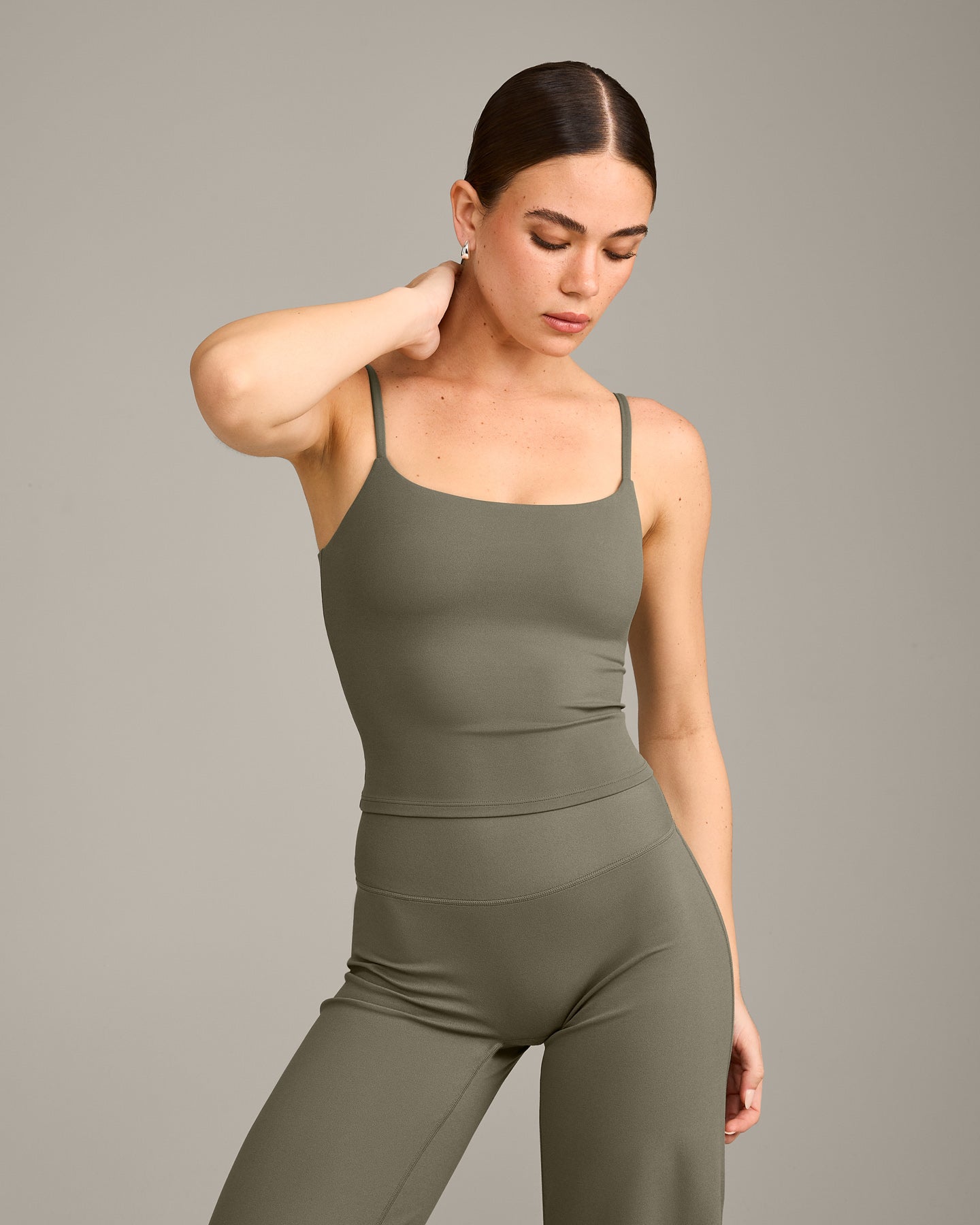 SoftMotion Strappy Mid Vest with Built in Bra Shelf with Grey Logo | Alpine Green