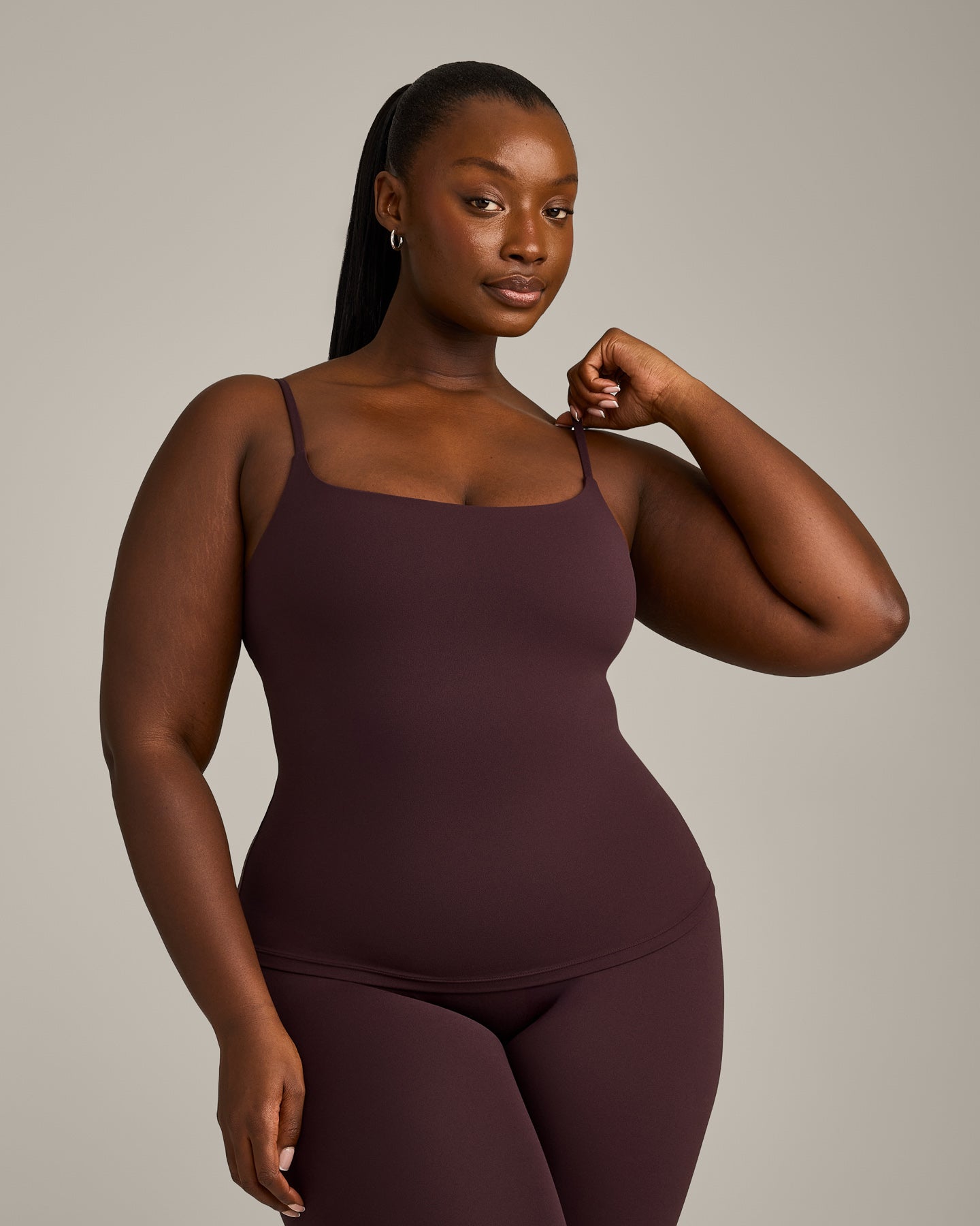 SoftMotion Strappy Vest with Built in Bra Shelf with Grey Logo | Plum Brown