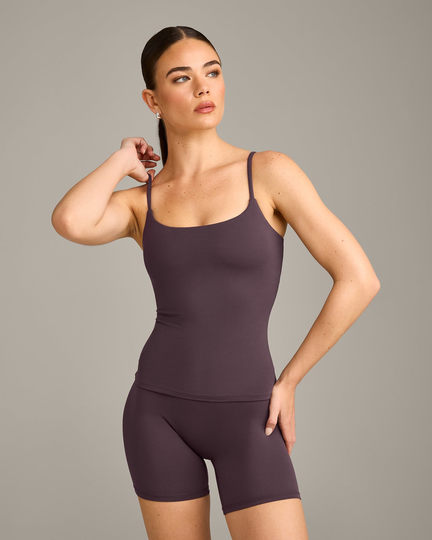 SoftMotion Strappy Vest with Built in Bra Shelf with Grey Logo | Dark Umber Brown