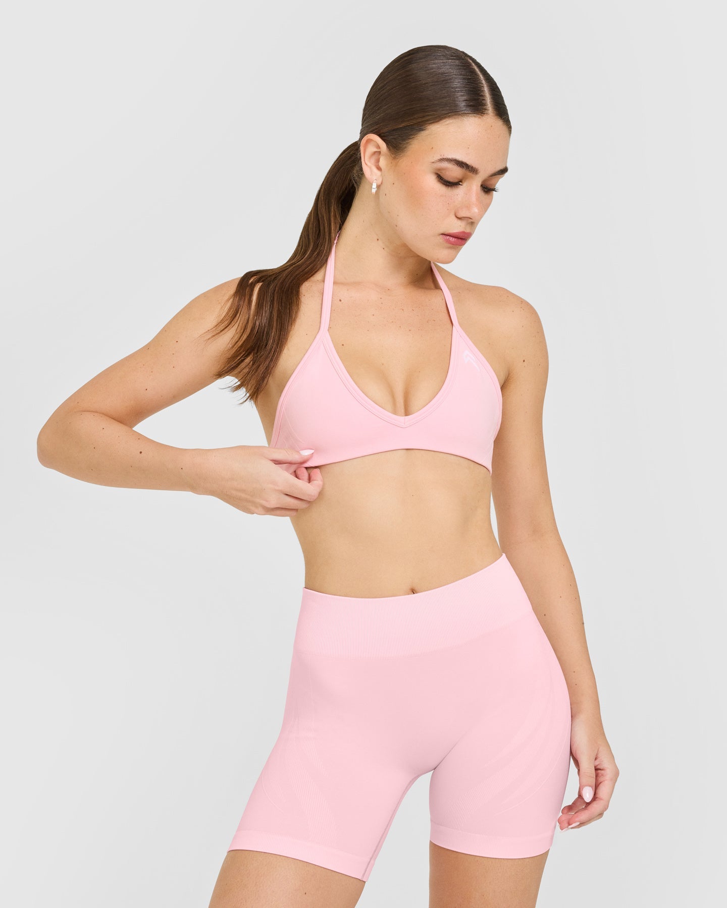 EnhanceLift Seamless Minimal Halter Neck Bralette with White Logo | Cherry Blossom Pink