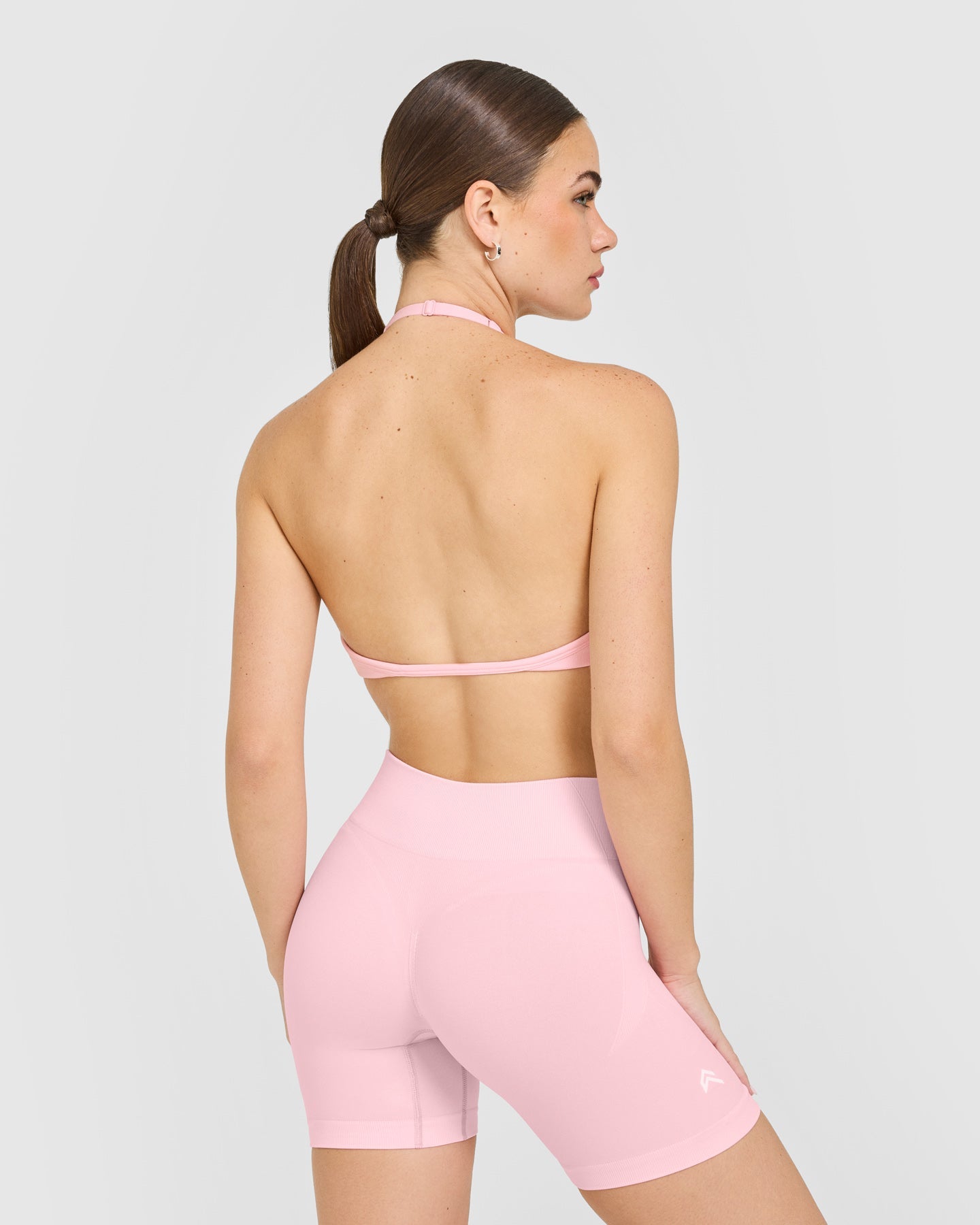 EnhanceLift Seamless Minimal Halter Neck Bralette with White Logo | Cherry Blossom Pink - Image 4