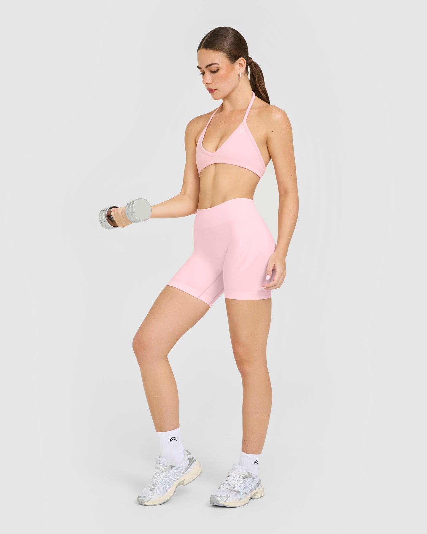 EnhanceLift Seamless Minimal Halter Neck Bralette with White Logo | Cherry Blossom Pink - Image 3