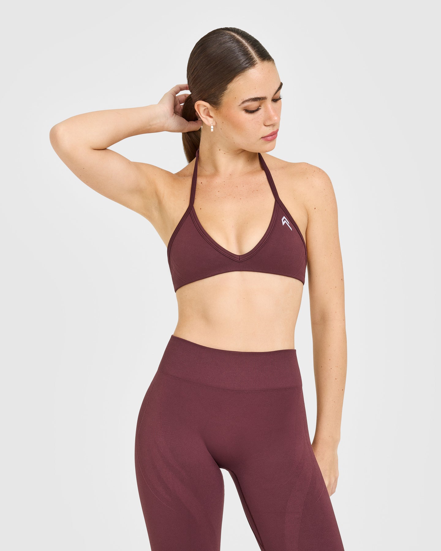 EnhanceLift Seamless Minimal Halter Neck Bralette with White Logo | Velvet Mocha