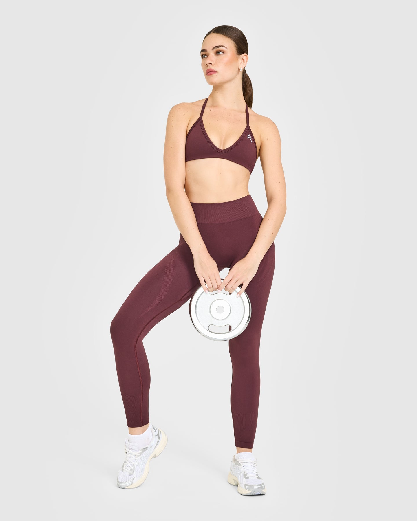 EnhanceLift Seamless Minimal Halter Neck Bralette with White Logo | Velvet Mocha - Image 3