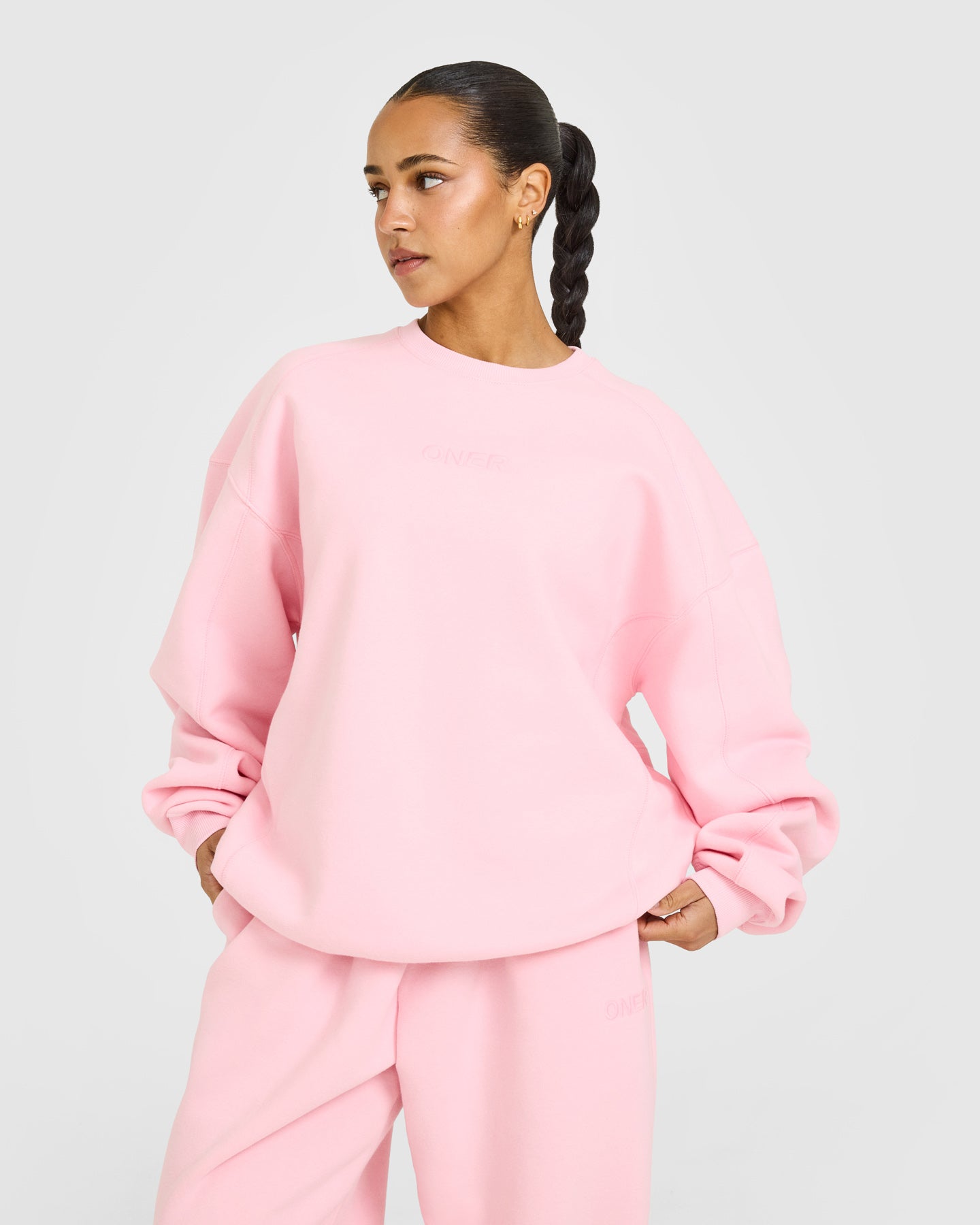 Foundations Oversized Crew Neck Sweatshirt with Oner Embroidery | Petal Pink