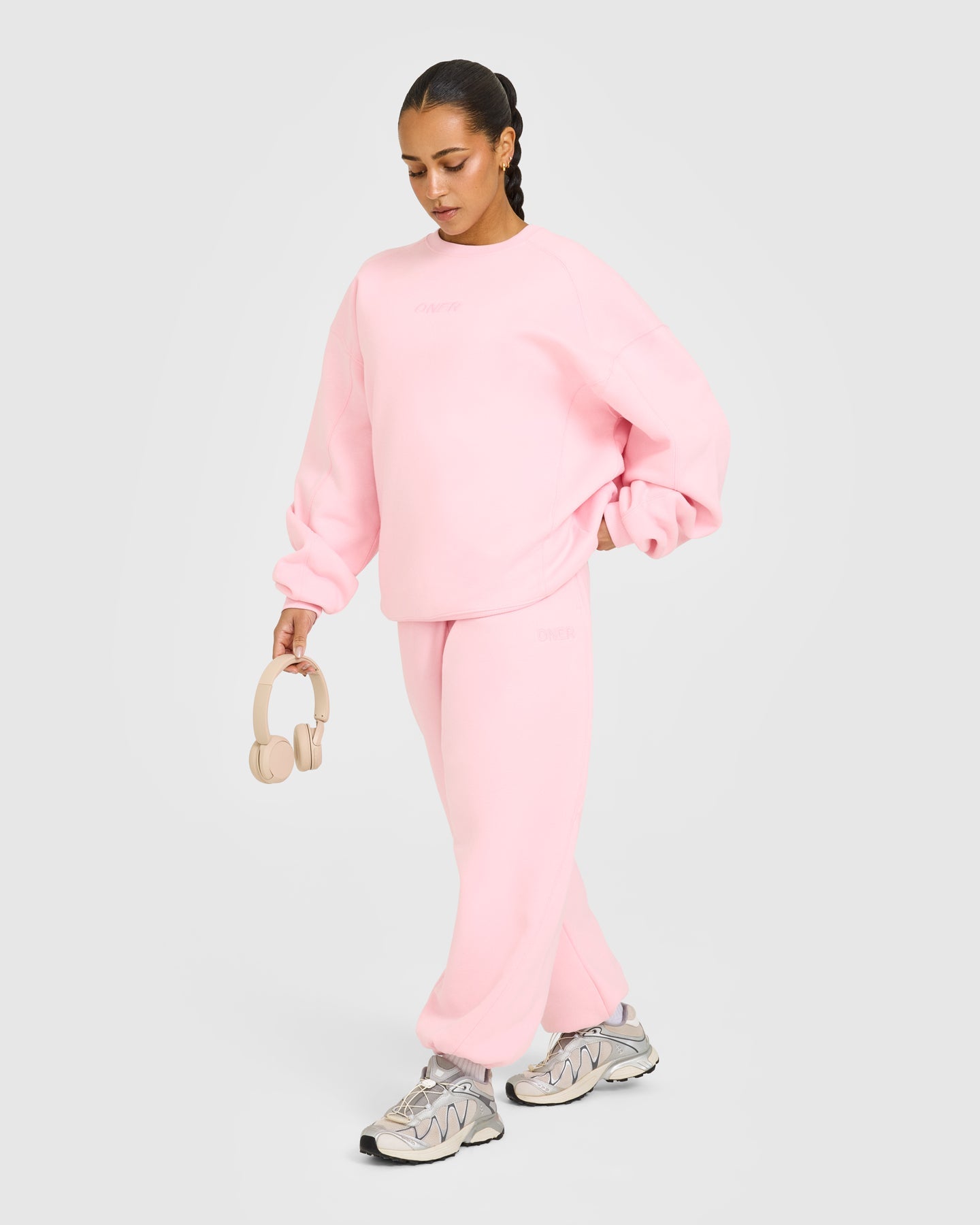 Foundations Oversized Crew Neck Sweatshirt with Oner Embroidery | Petal Pink - Image 3
