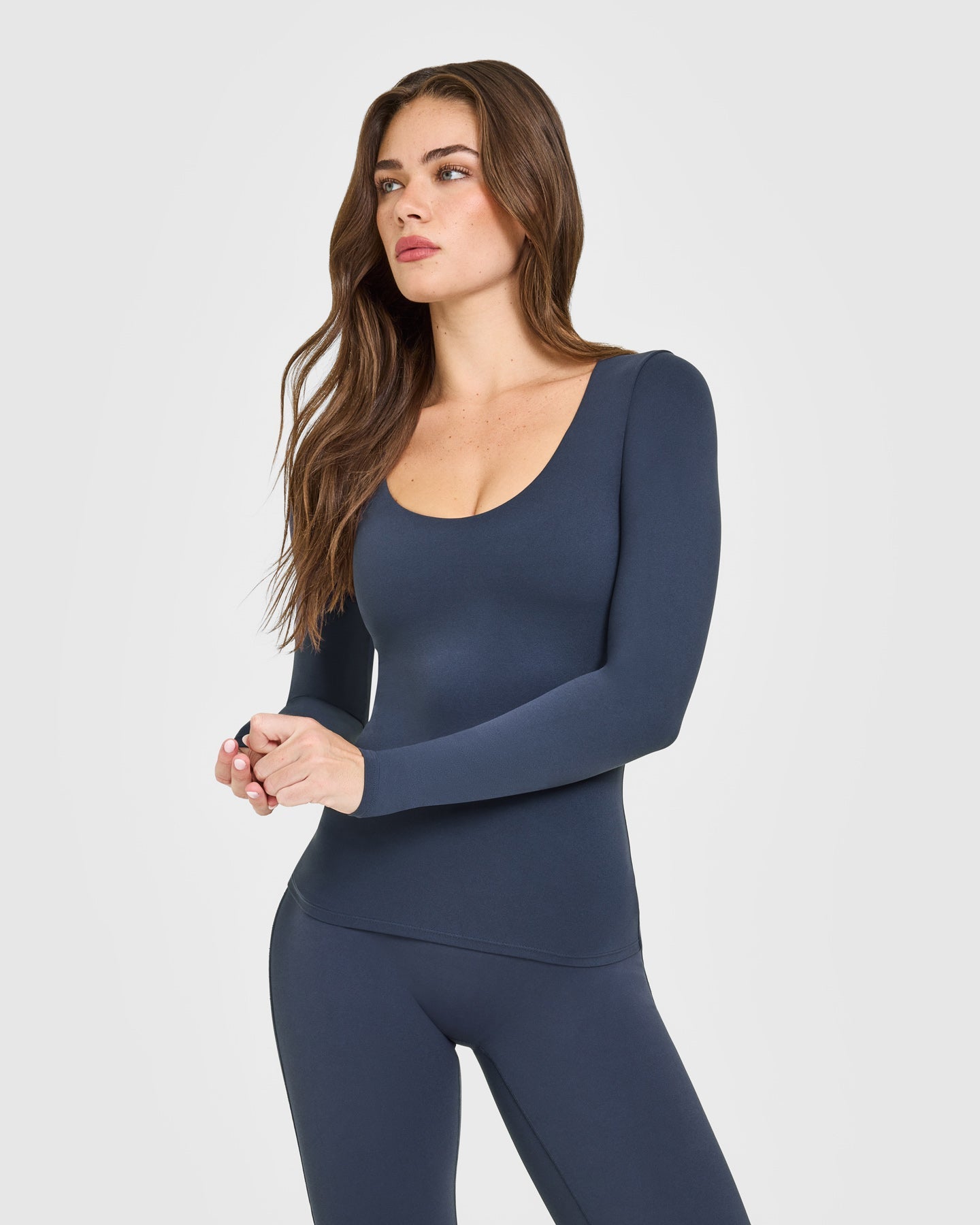 SoftMotion Scoop Neck Long Sleeve Top with Built in Bra Shelf with White Logo | True Blue