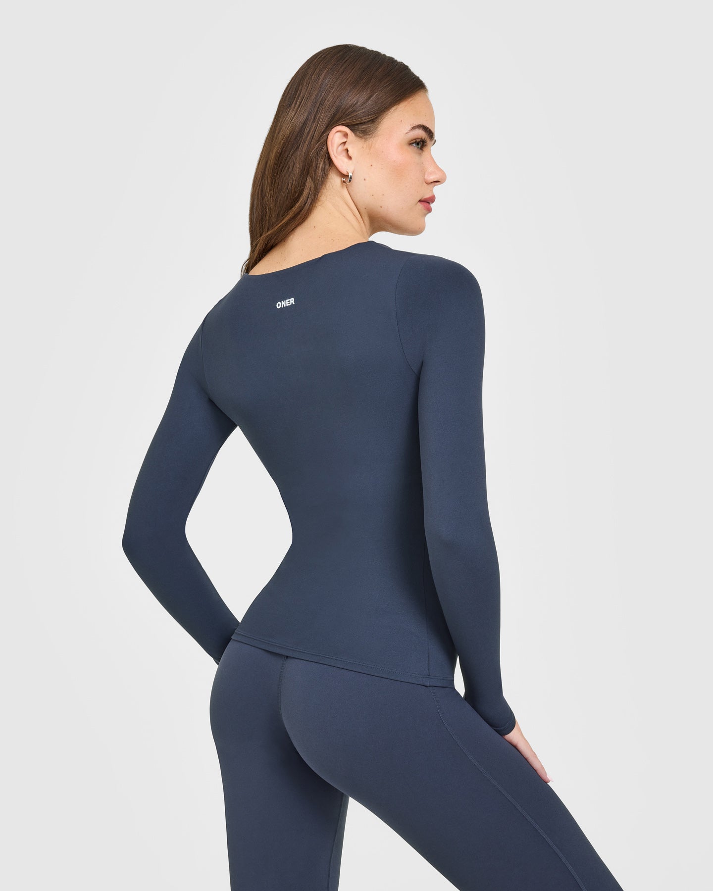 Alternative view of SoftMotion Scoop Neck Long Sleeve Top with Built in Bra Shelf with White Logo | True Blue