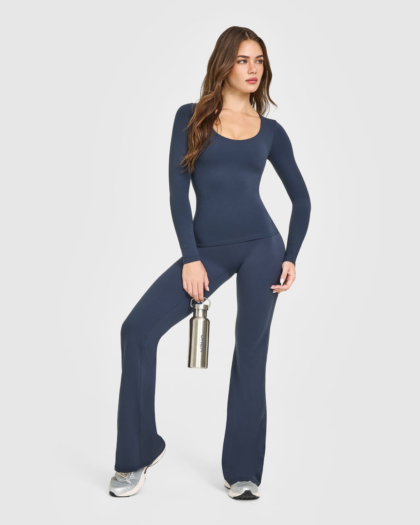SoftMotion Scoop Neck Long Sleeve Top with Built in Bra Shelf with White Logo | True Blue - Image 3