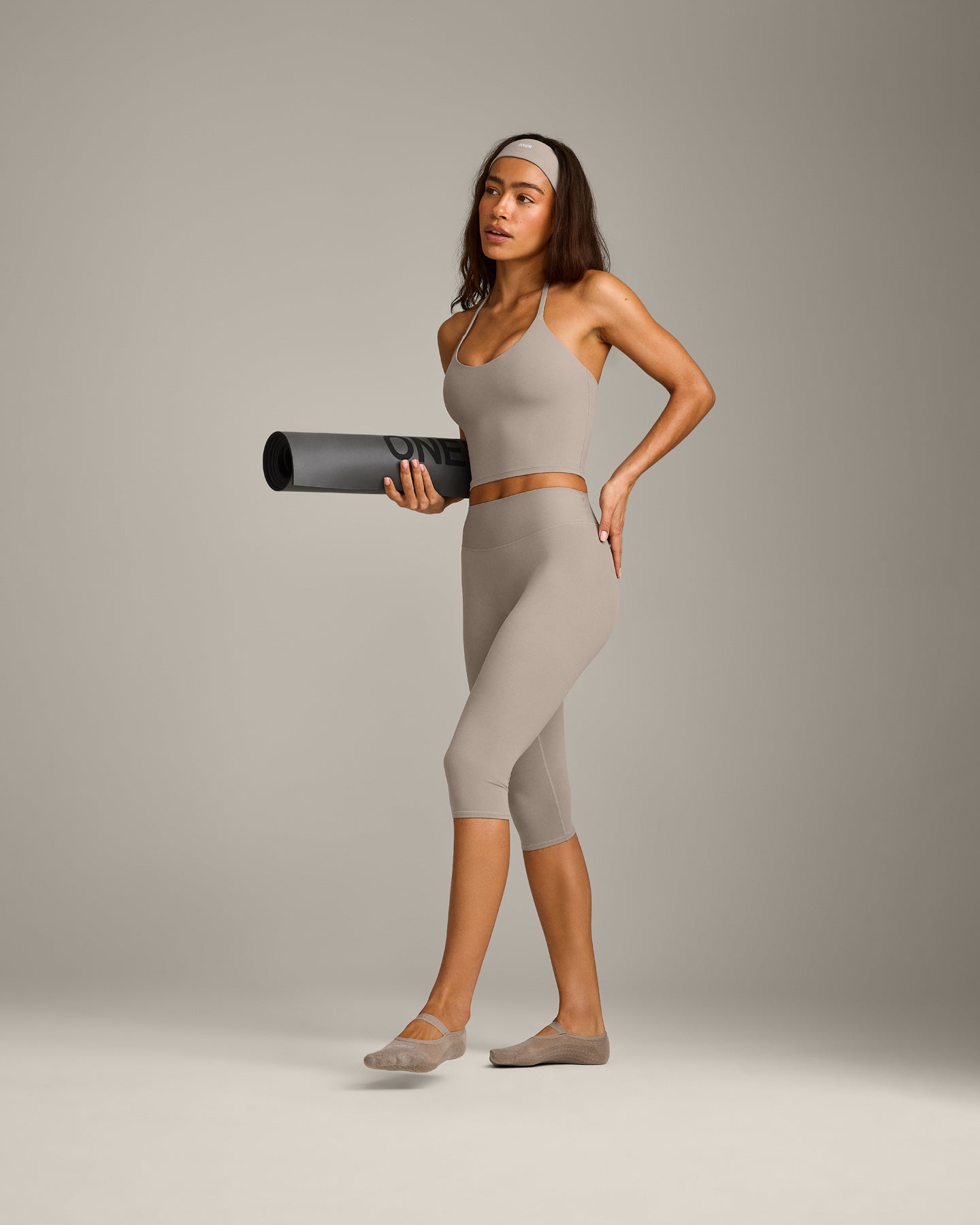 SoftMotion High Waisted Capri Leggings with White Logo | Warm Sand - Image 3