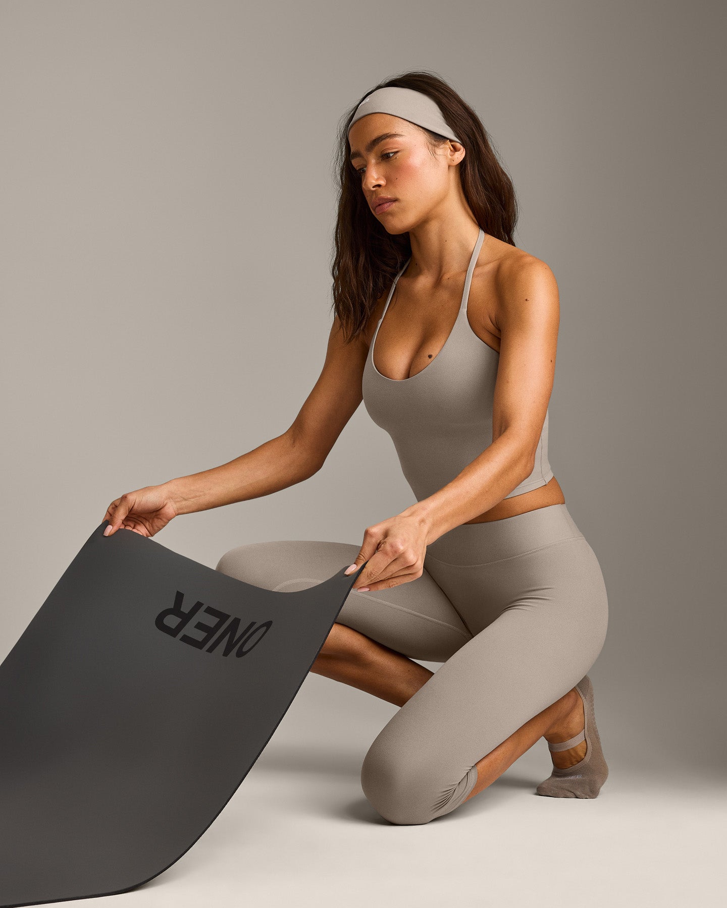SoftMotion High Waisted Capri Leggings with White Logo | Warm Sand - Image 4