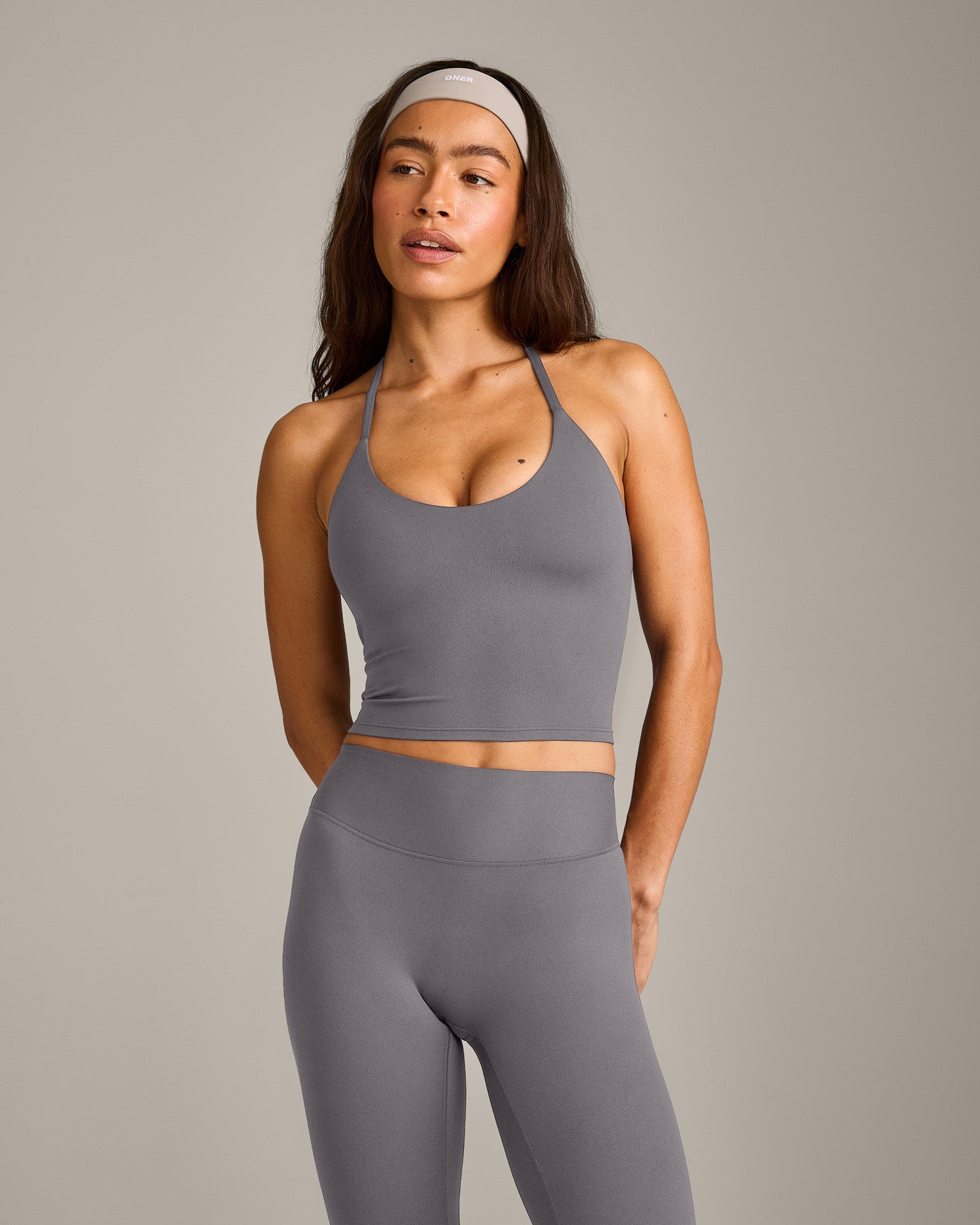 SoftMotion Strappy Halter Neck Mid Vest with Built in Bra Shelf with Grey Logo | Ash Grey