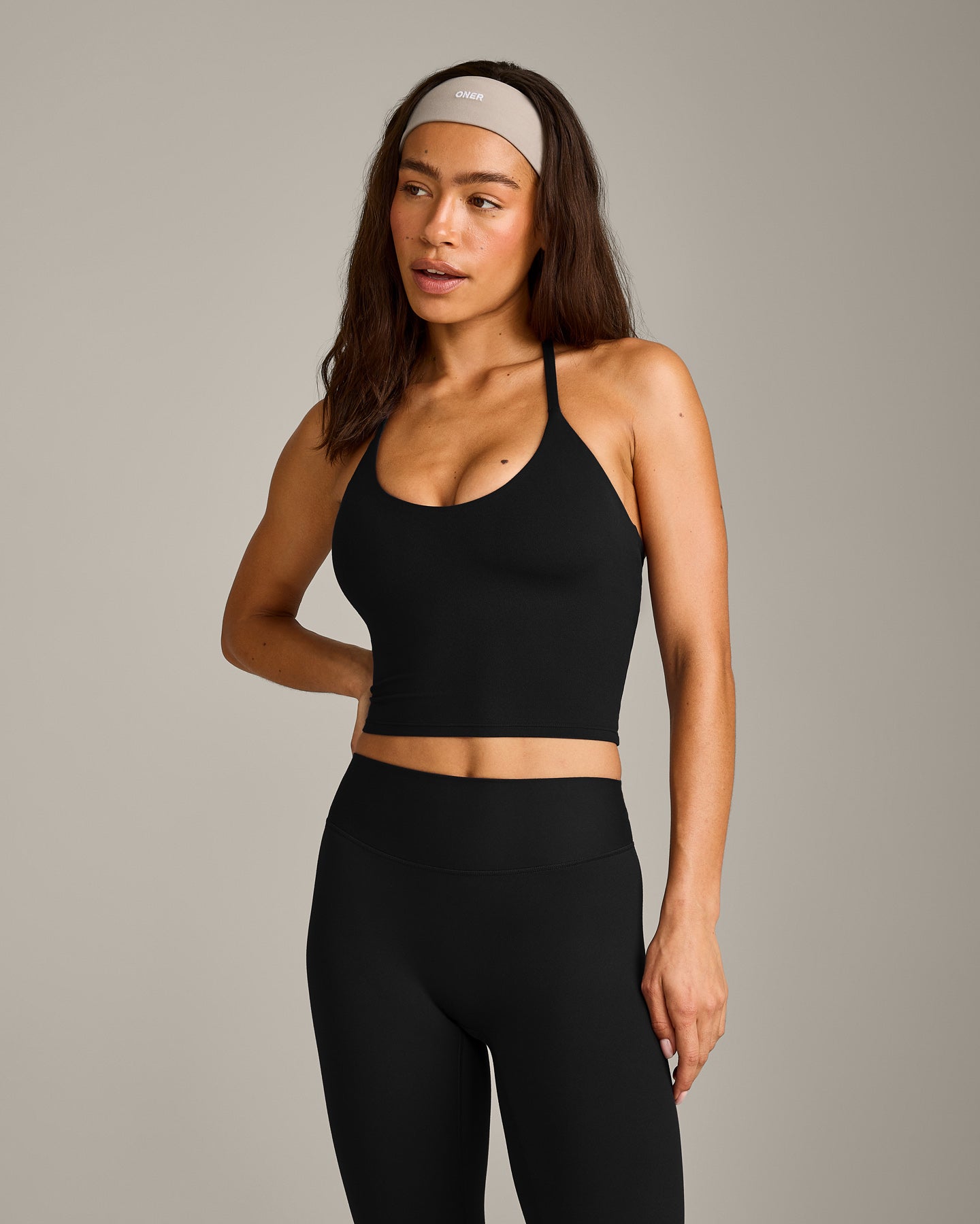 SoftMotion Strappy Halter Neck Mid Vest with Built in Bra Shelf with Grey Logo | Black
