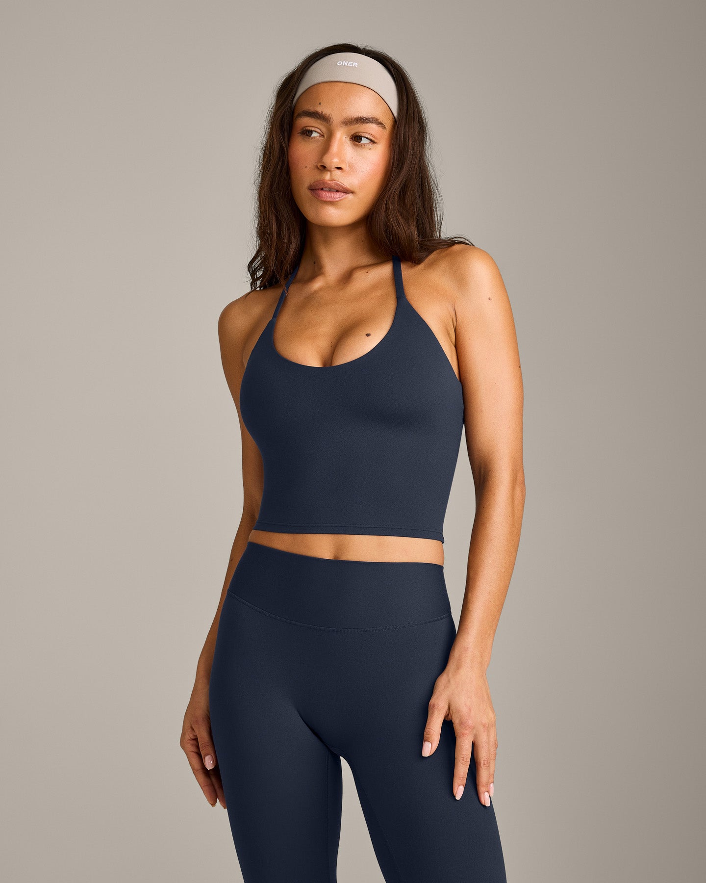 SoftMotion Strappy Halter Neck Mid Vest with Built in Bra Shelf with Grey Logo | True Blue