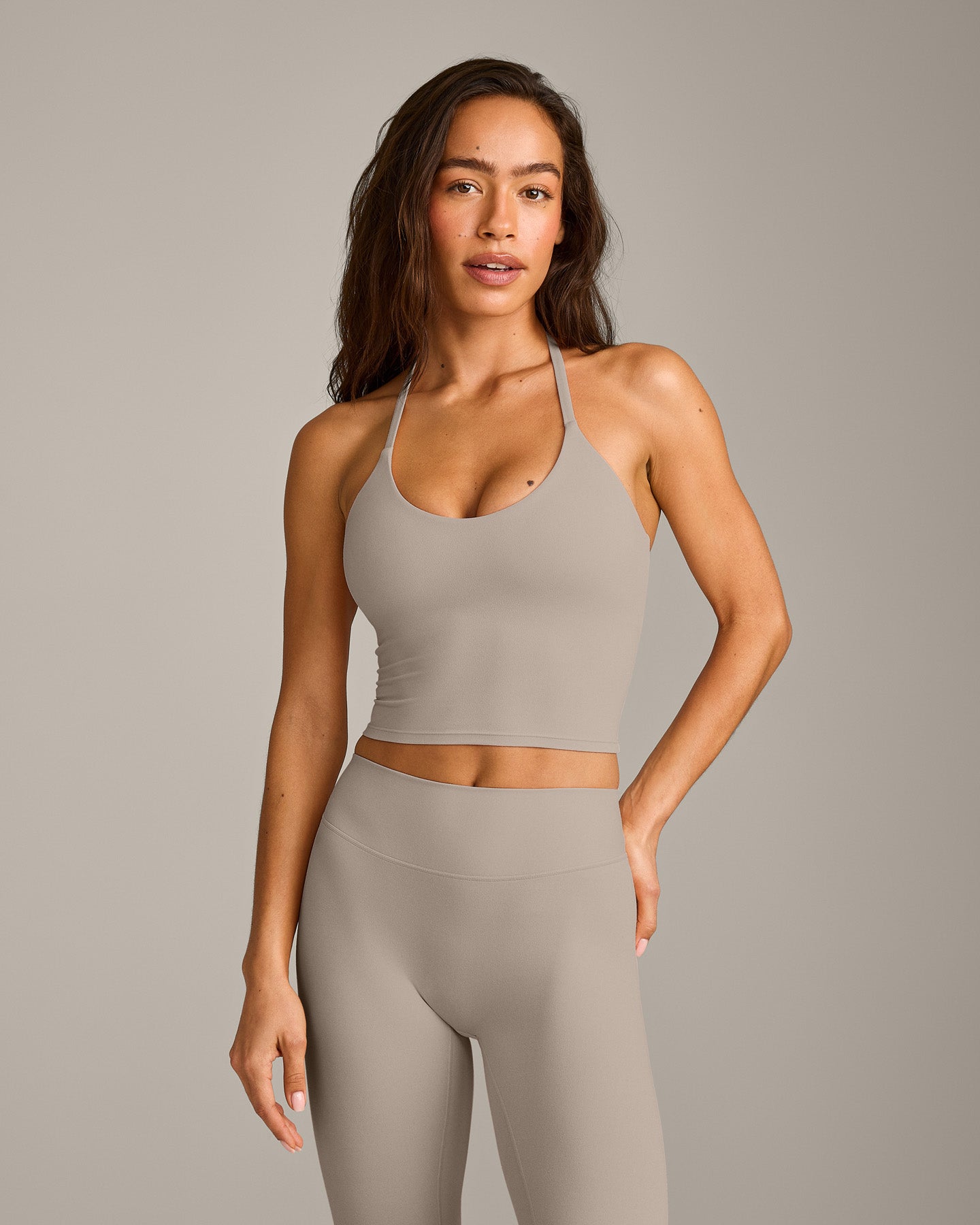 SoftMotion Strappy Halter Neck Mid Vest with Built in Bra Shelf with White Logo | Warm Sand