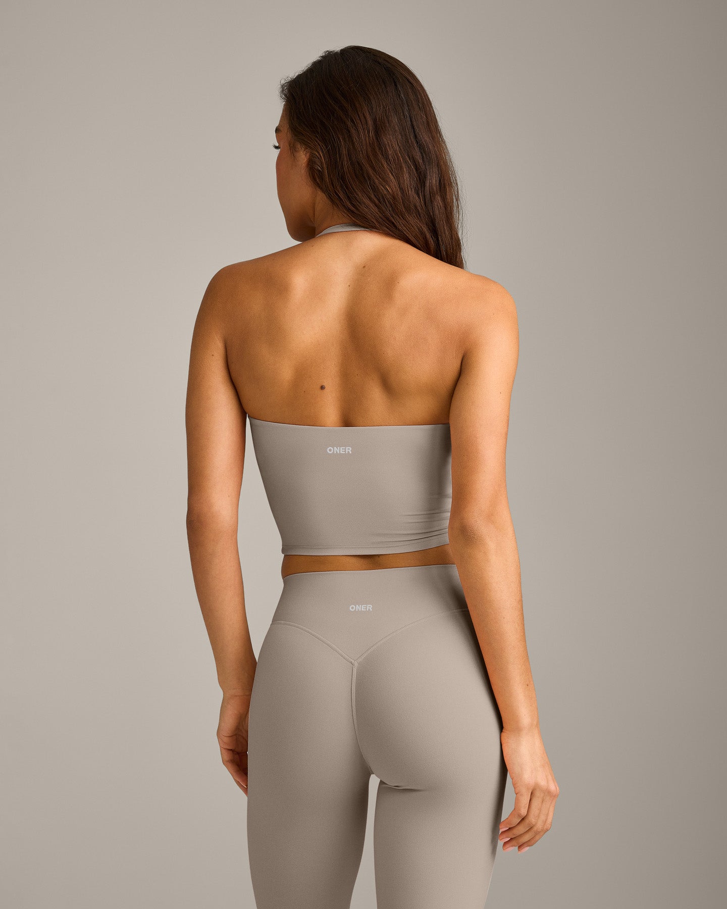 SoftMotion Strappy Halter Neck Mid Vest with Built in Bra Shelf with White Logo | Warm Sand - Image 6