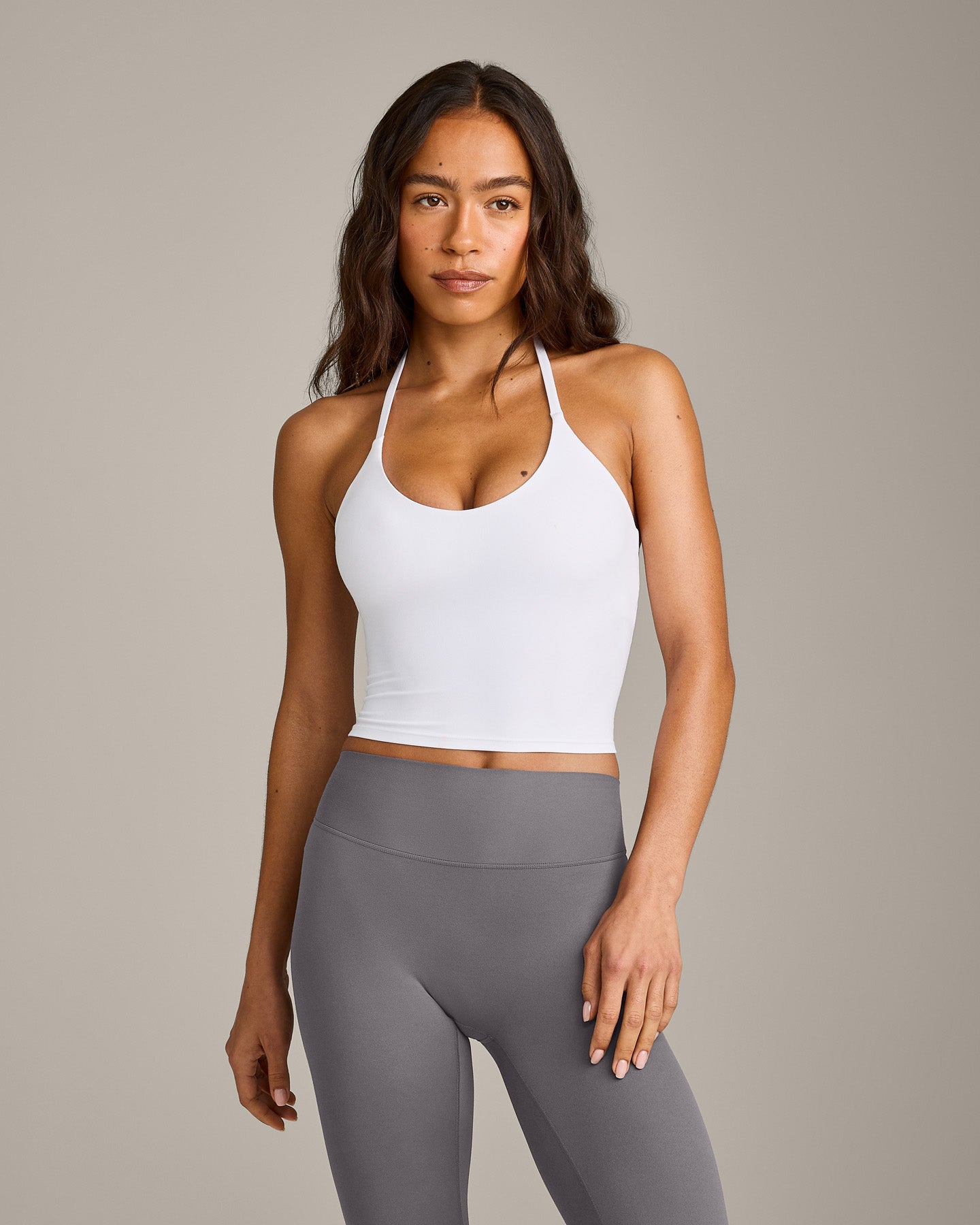 SoftMotion Strappy Halter Neck Mid Vest with Built in Bra Shelf with Grey Logo | White