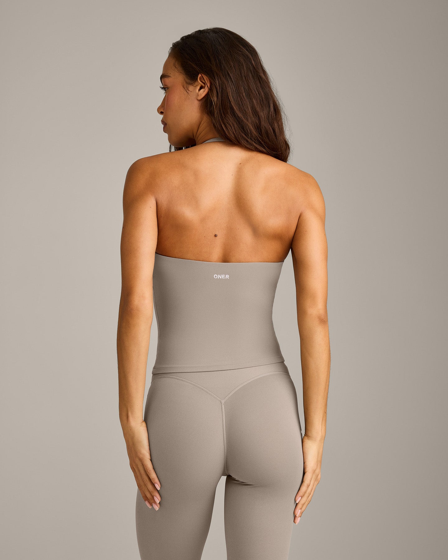 SoftMotion Strappy Halter Neck Vest with Built in Bra Shelf with White Logo | Warm Sand - Image 6