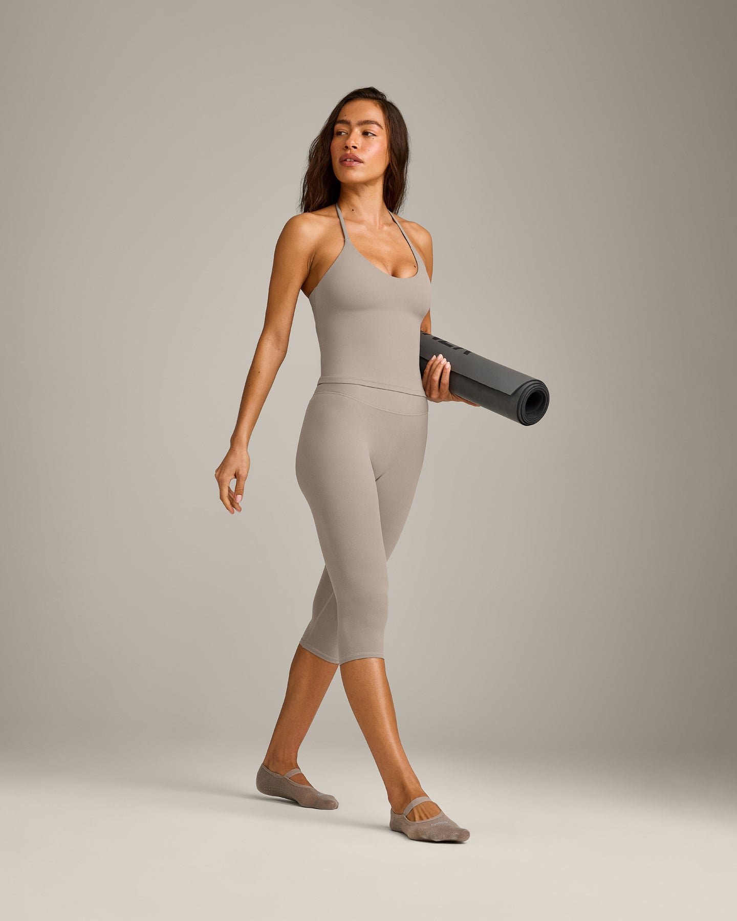 SoftMotion Strappy Halter Neck Vest with Built in Bra Shelf with White Logo | Warm Sand - Image 3