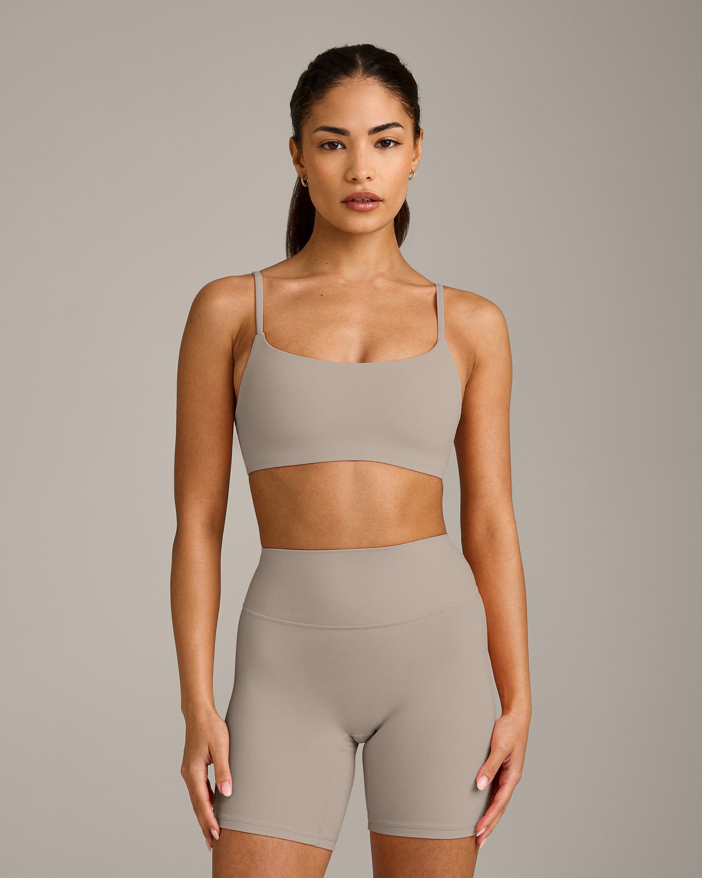 SoftMotion Strappy Sports Bra with White Logo | Warm Sand