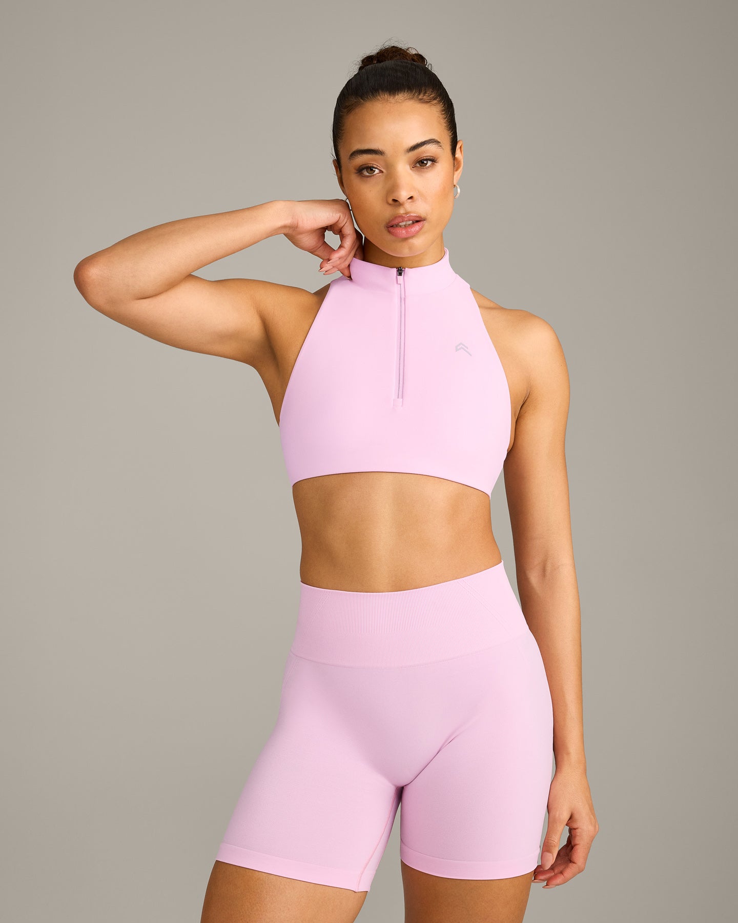 EasyLift Zip High Neck Sports Bra with Grey Logo | Chalk Pink