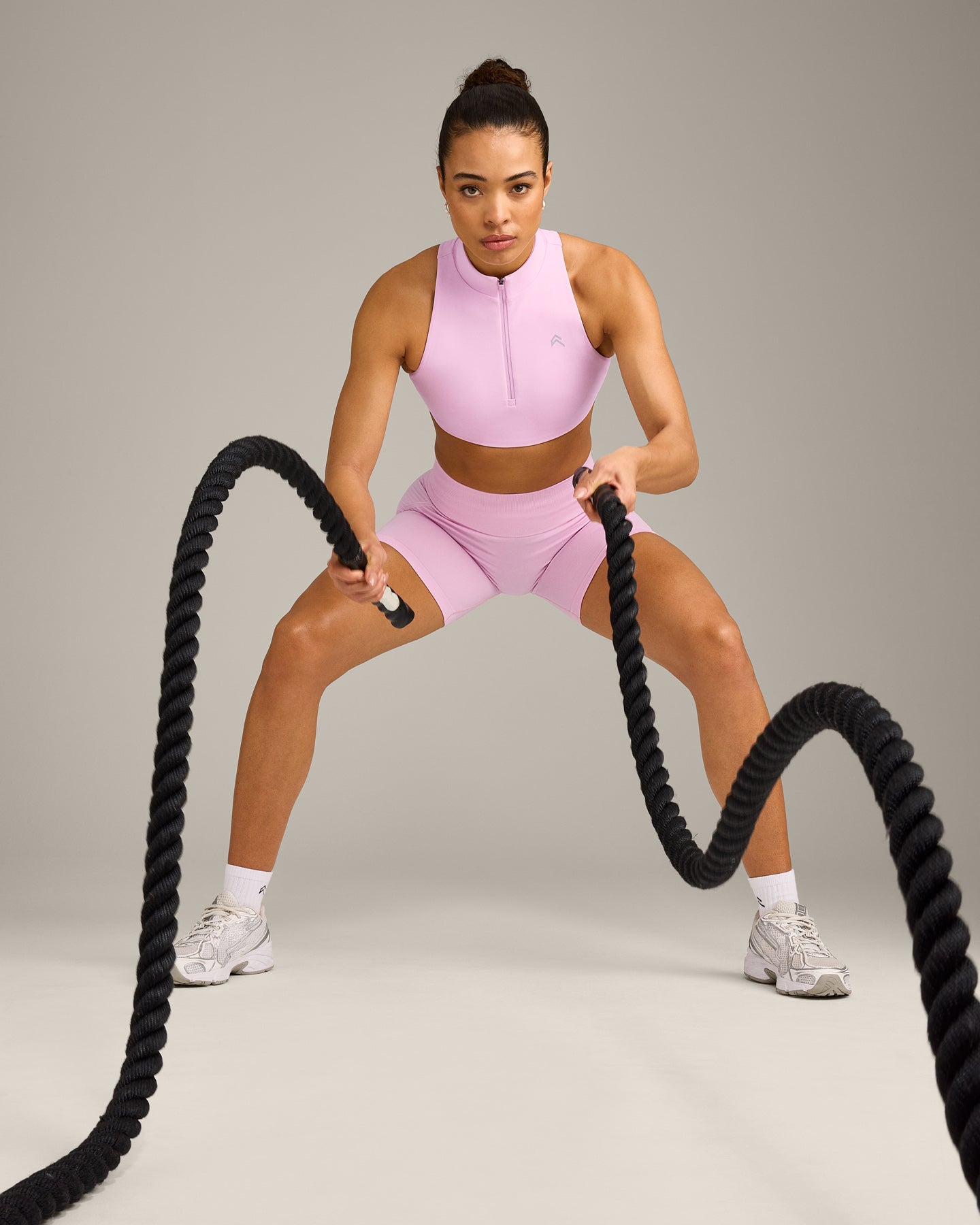 EasyLift Zip High Neck Sports Bra with Grey Logo | Chalk Pink - Image 6