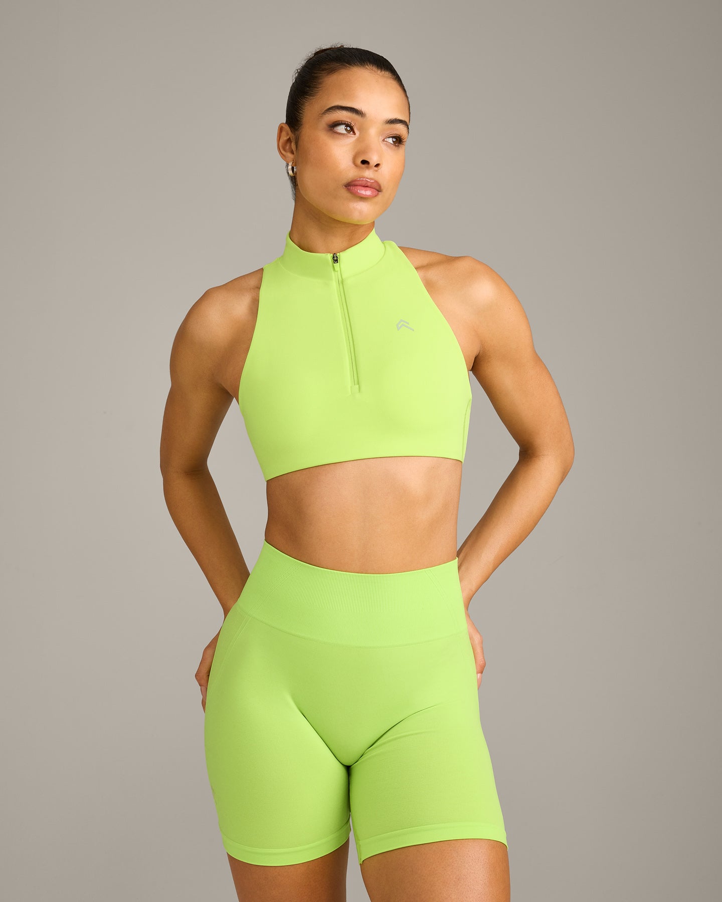 EasyLift Zip High Neck Sports Bra with Grey Logo | Citrus Green