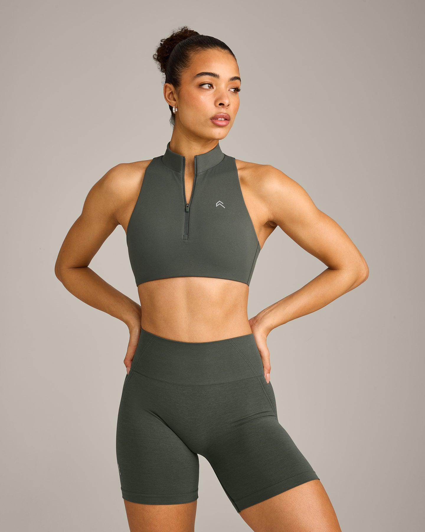 EasyLift Zip High Neck Sports Bra with Grey Logo | Dark Khaki