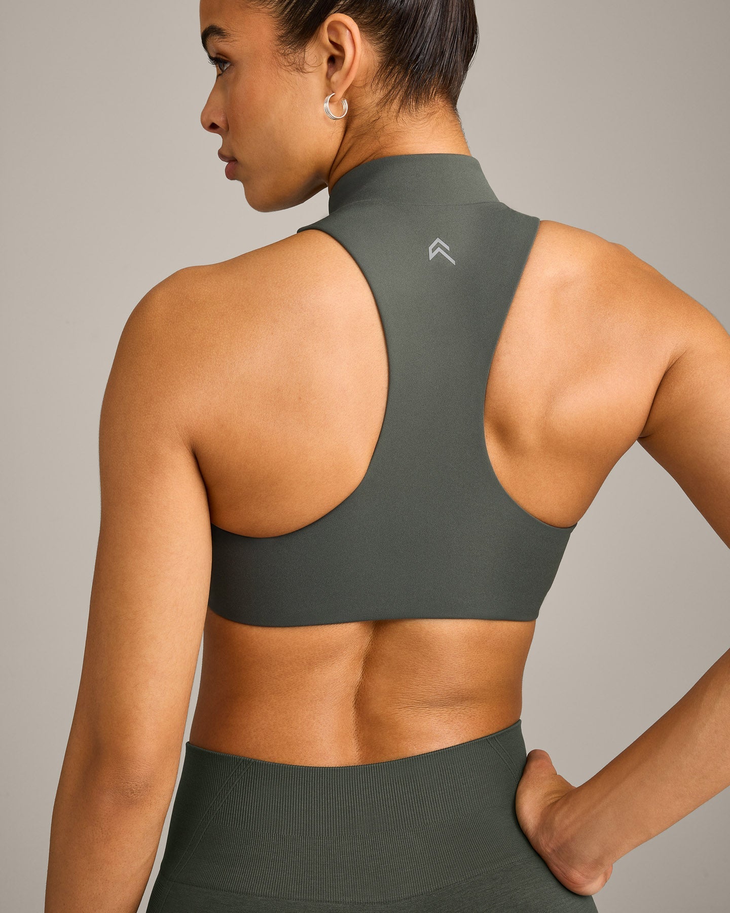 EasyLift Zip High Neck Sports Bra with Grey Logo | Dark Khaki - Image 4