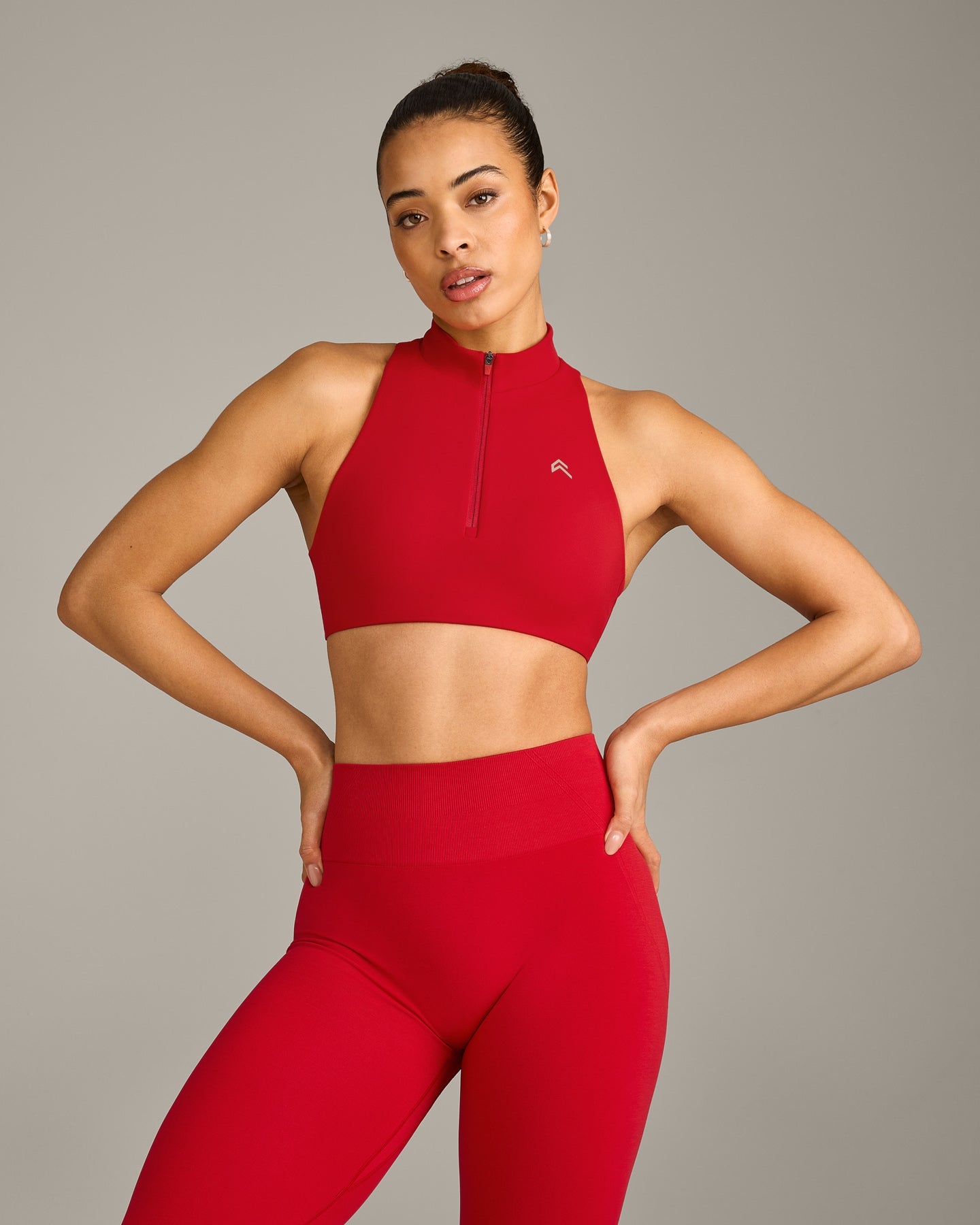 EasyLift Zip High Neck Sports Bra with Grey Logo | Fiery Red