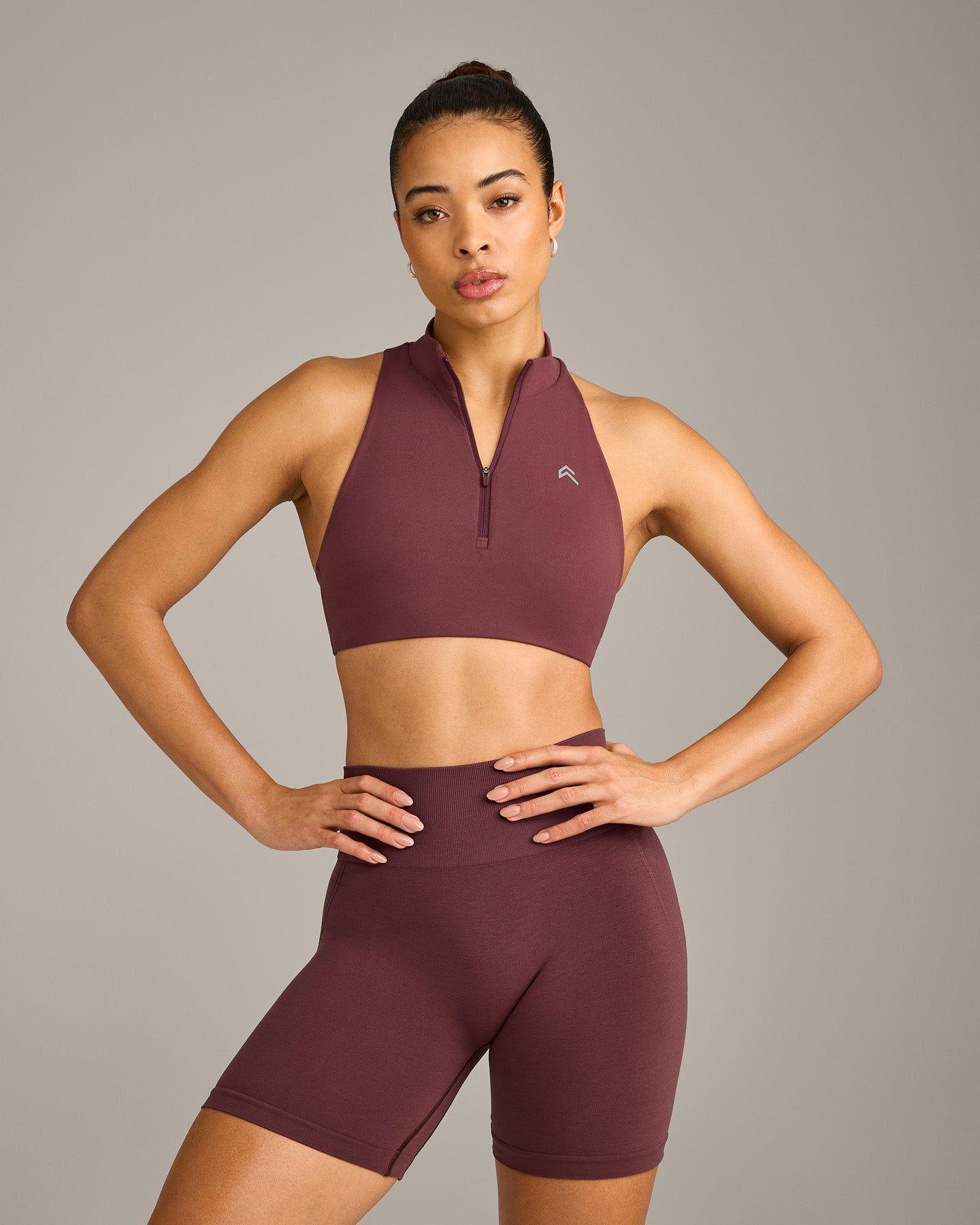 EasyLift Zip High Neck Sports Bra with Grey Logo | Velvet Mocha