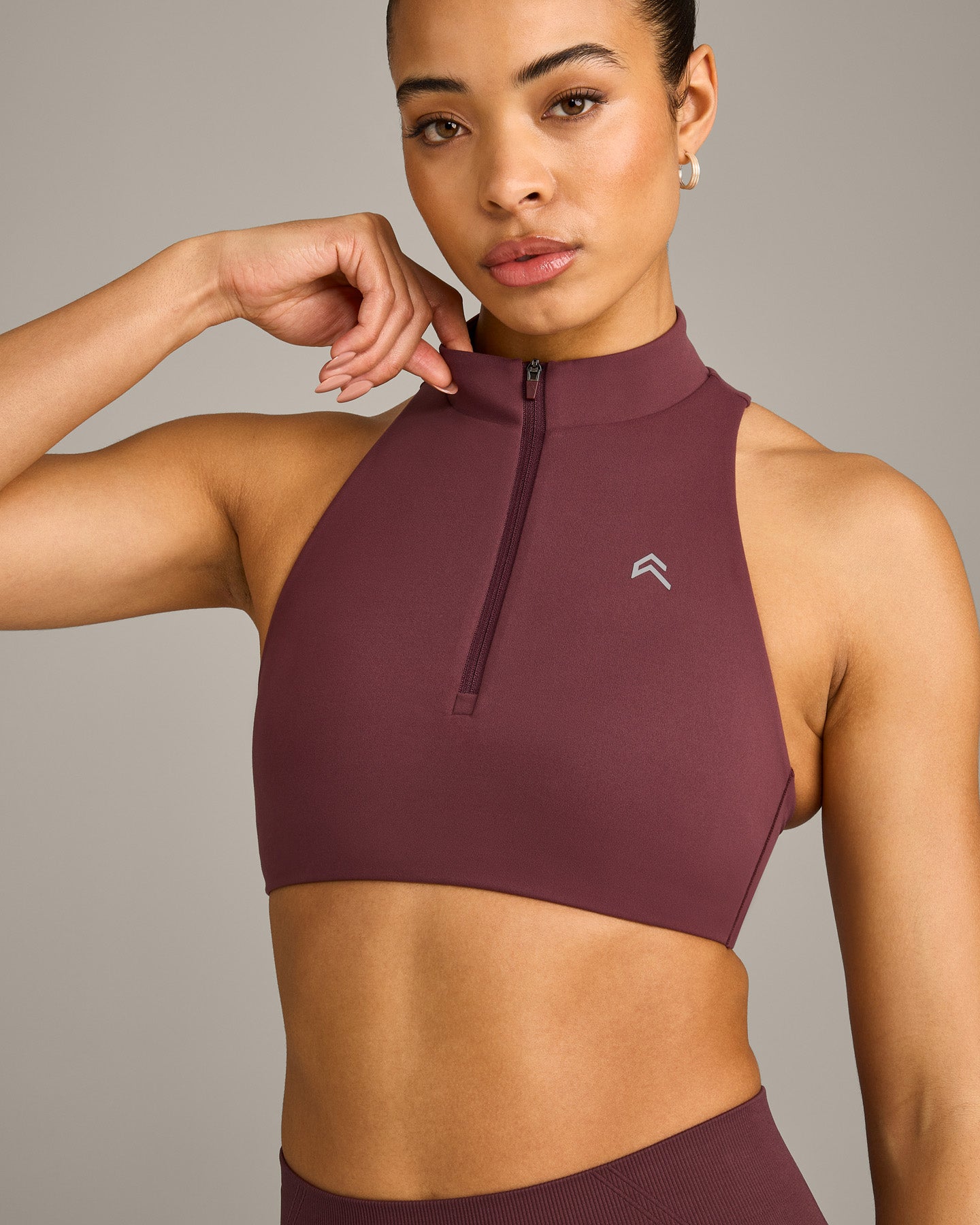 EasyLift Zip High Neck Sports Bra with Grey Logo | Velvet Mocha - Image 5