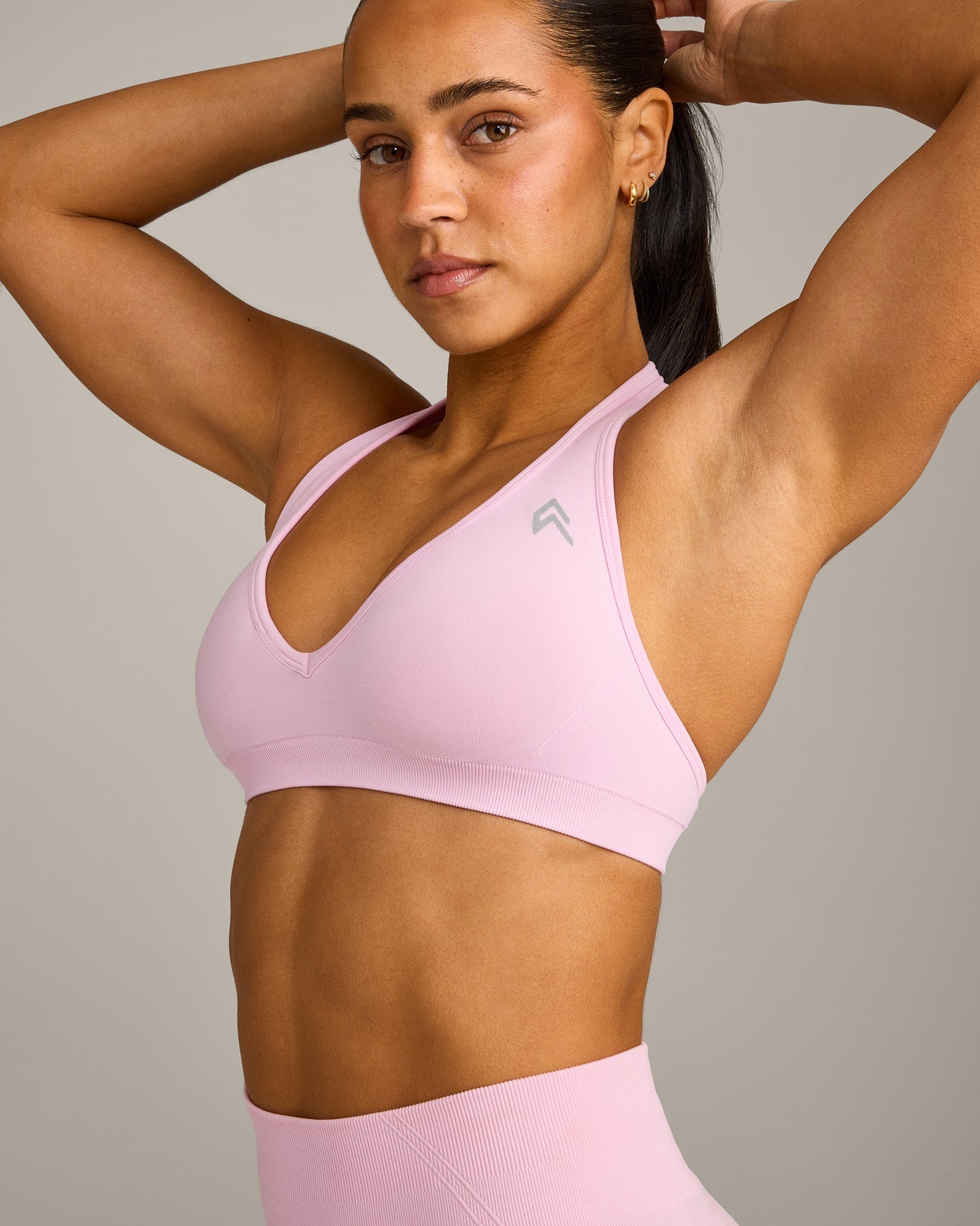 EffortlessLift Seamless Halter Neck Sports Bra with Grey Logo | Chalk Pink - Image 5